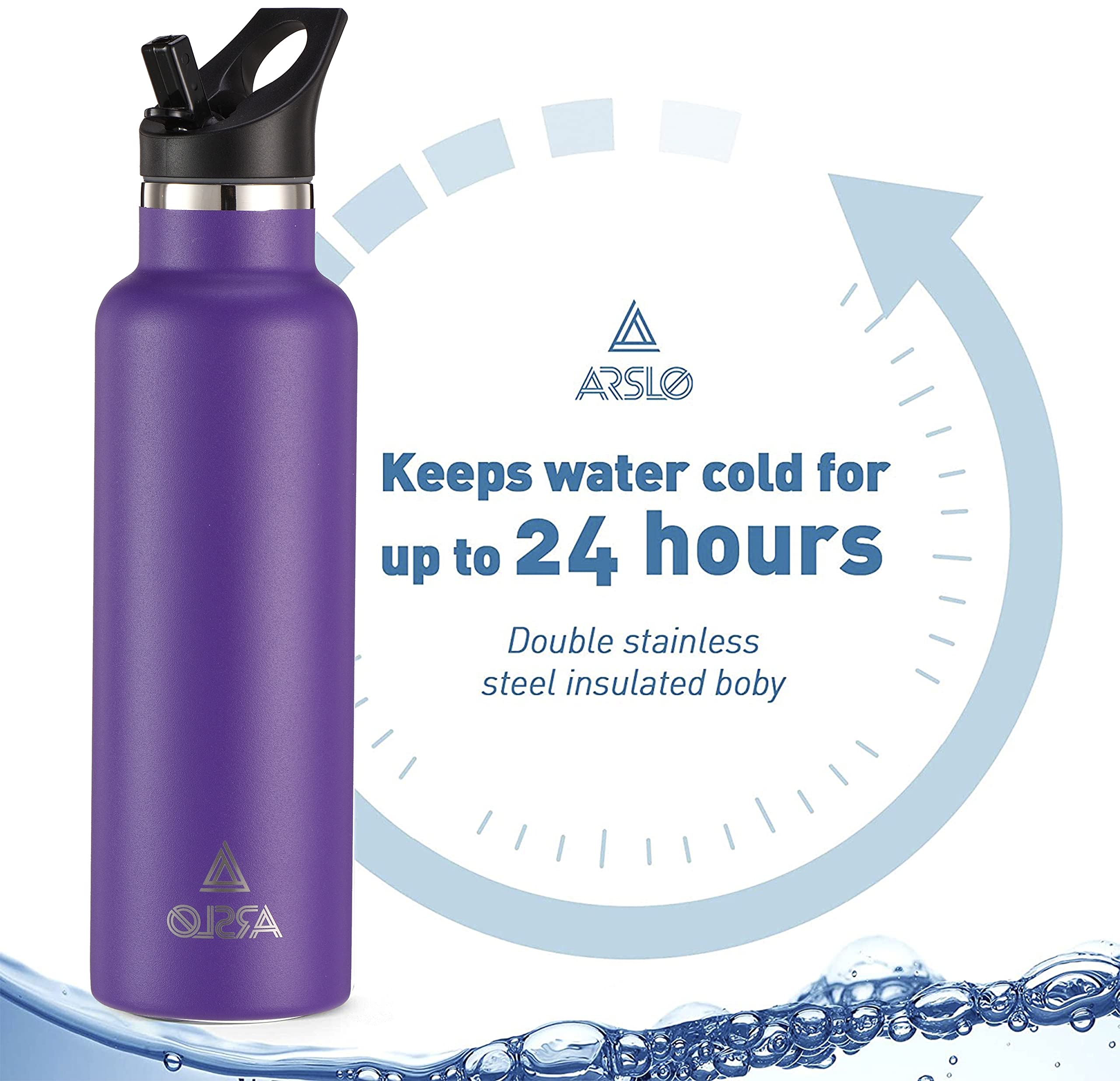 Doppelwandige Wasserflasche aus Edelstahl, vakuumisolierte Flasche mit Strohhalm-Deckel, isolierte Wasserflasche hält Wasser für 24 Stunden kalt, Wandern, Sport, Outdoor, 500 ml, Violett