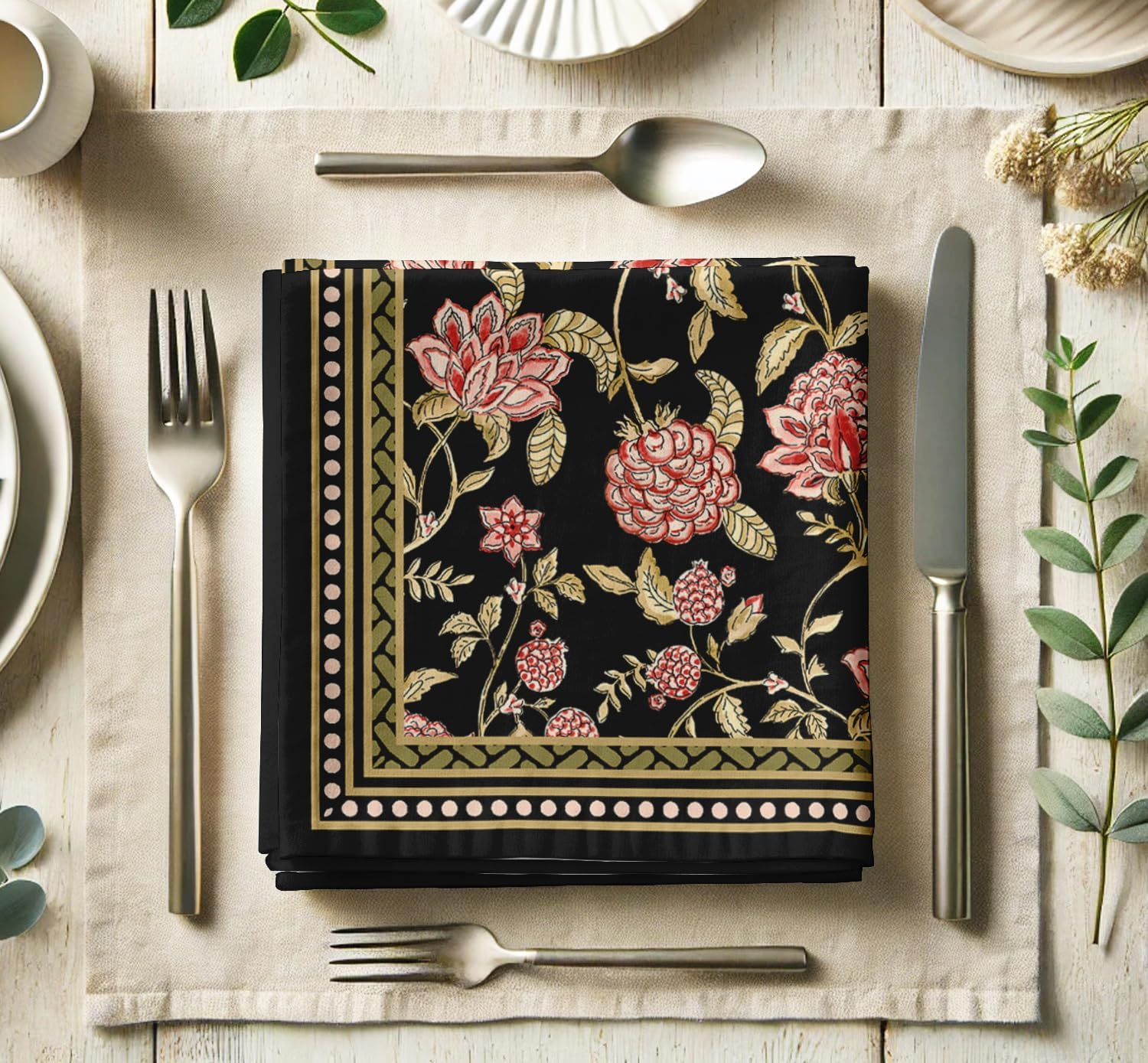 Designer Cotton Twill Napkins - Set of 12, 20-Inch, Floral Pattern, Durable & Absorbent Cloth Napkins for Dining, Parties, and Home Decor - Machine Washable