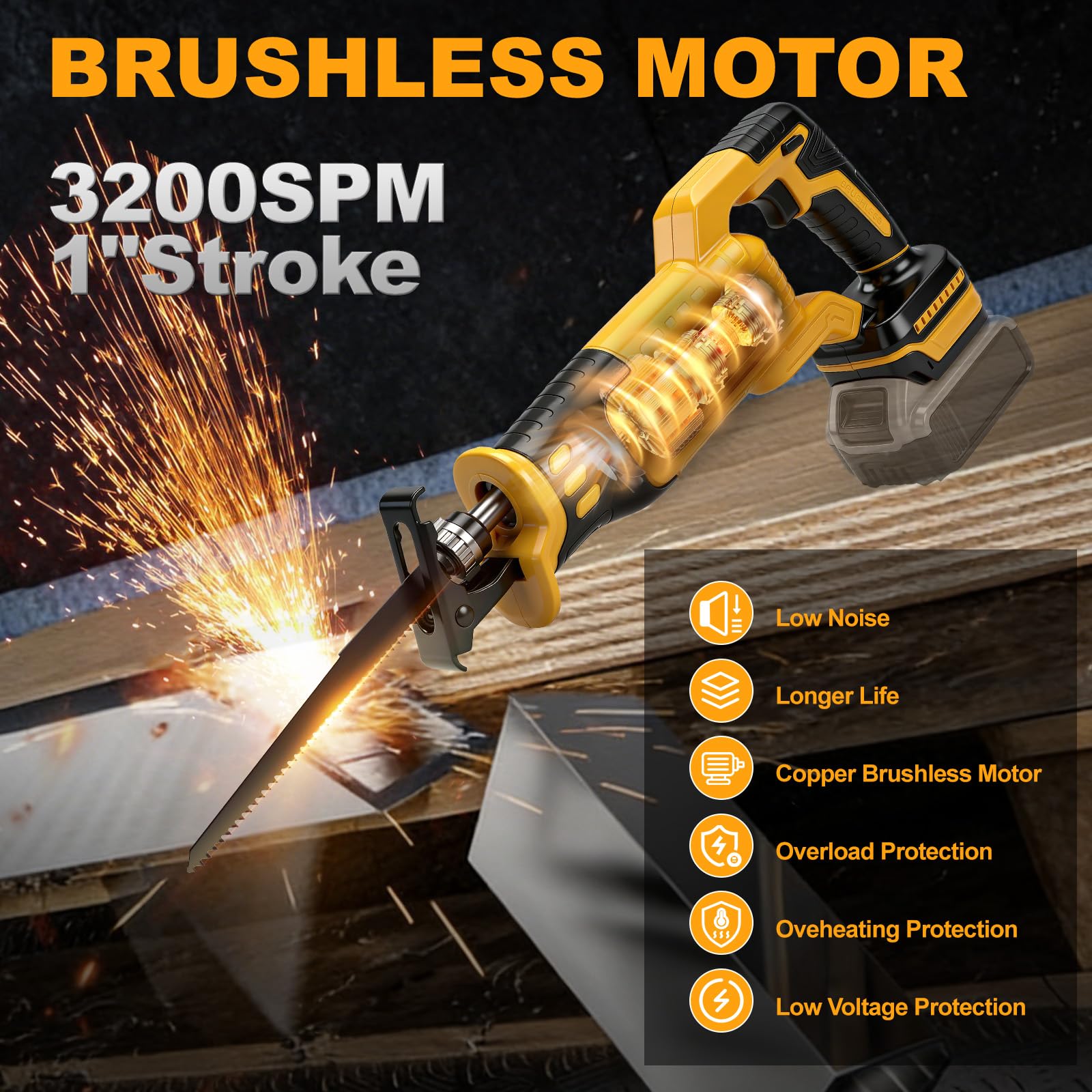 Roadtime Sierra Sable Inalámbrica para DeWalt 20 V baterías (sin batería) | motor sin escobillas 0-3200 RPM Sierra Electrica de Velocidad Variable, con 8 Cuchillas para Cortar PVC/Madera/Metal