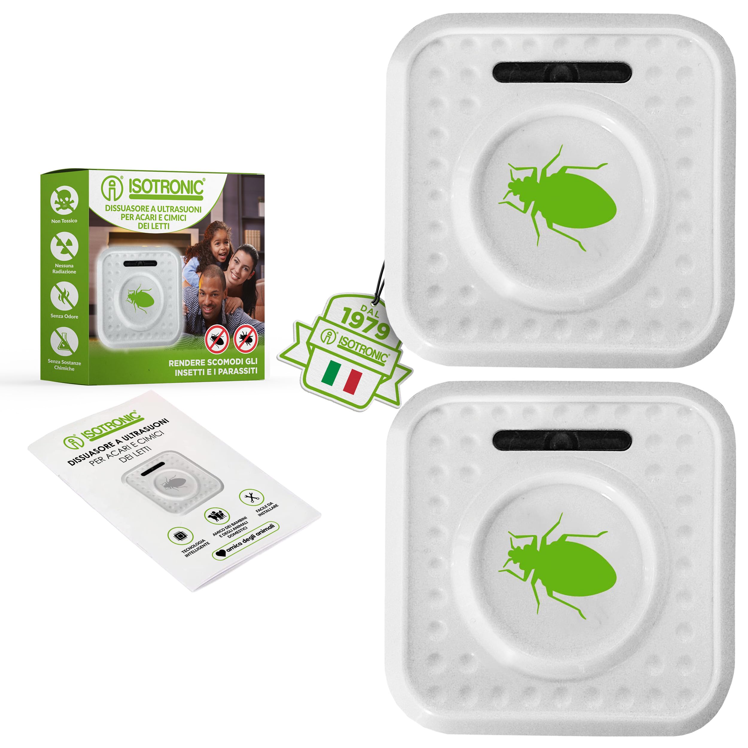 ISOTRONIC repellente acari ultrasuoni cimici letti protezione batteria raggio 30m² 2 unità elimina senza sostanze chimiche efficace interno casa camera materasso difesa anallergico stop parassiti