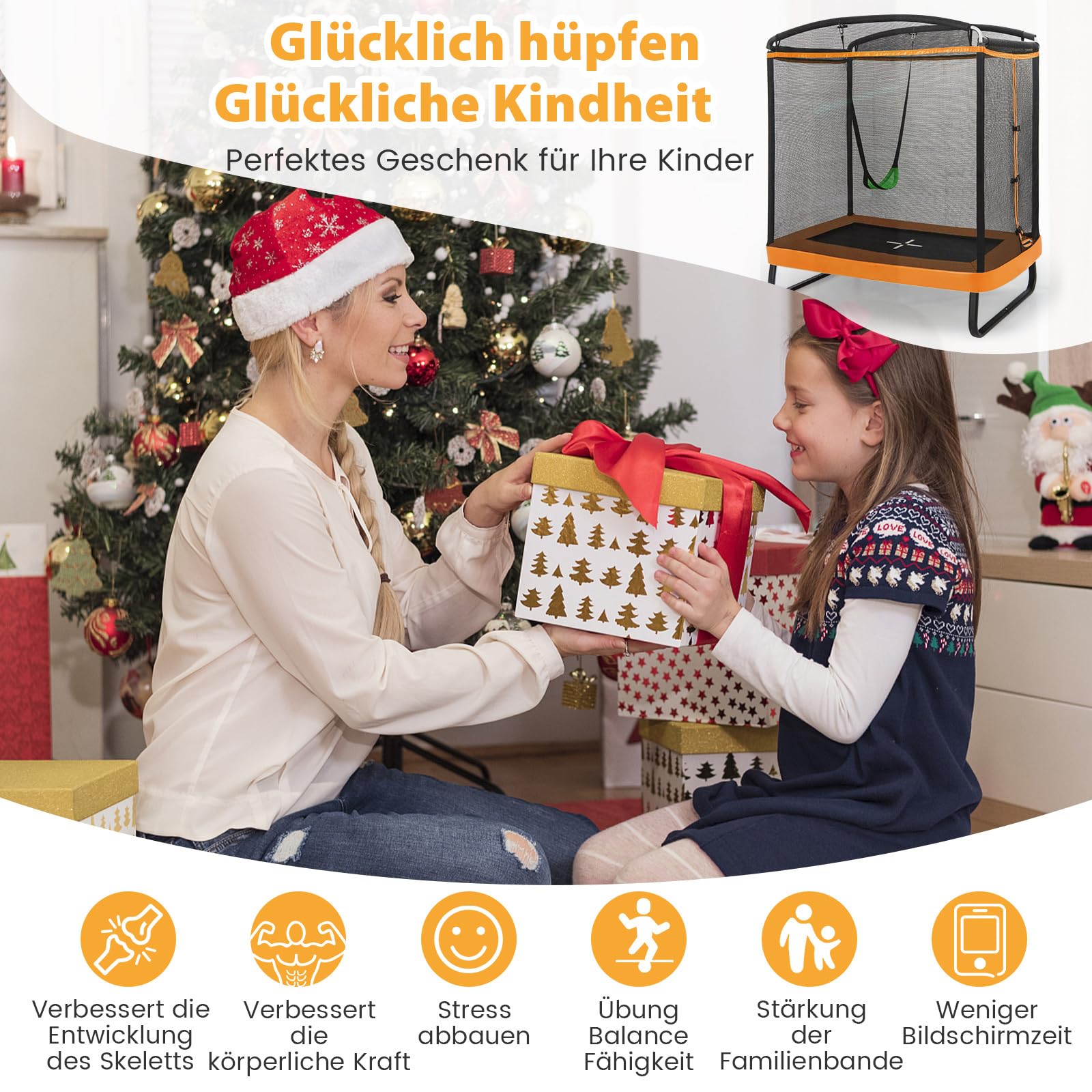 COSTWAY 2 in 1 Kindertrampolin mit Schaukel, Gartentrampolin rechteckig mit Sicherheitsnetz & Randabdeckung, Indoor-/Outdoortrampolin für Kinder bis 100kg Belastbar