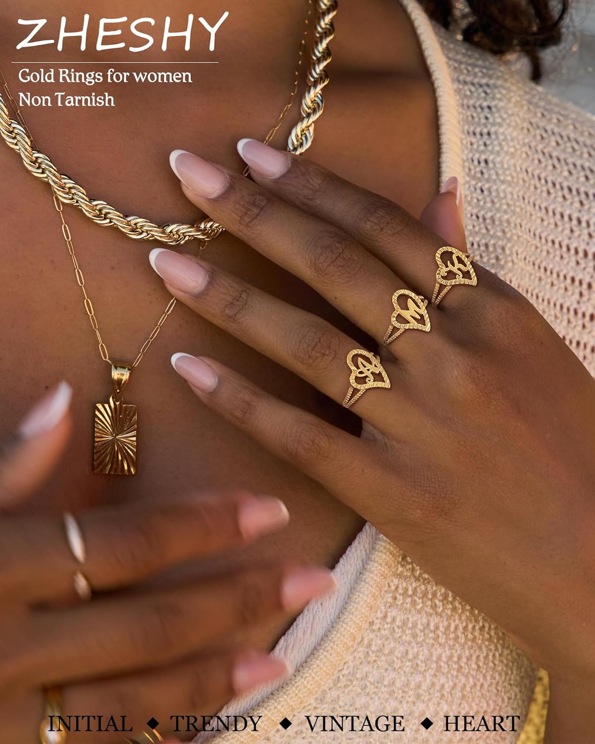 Gold Rings for Women Non Tarnish Dainty 14K Gold Plated Initial Rings Vintage Heart Letter Statement Thumb Rings Size 6-10 Personalized Jewelry Gifts - Image 3