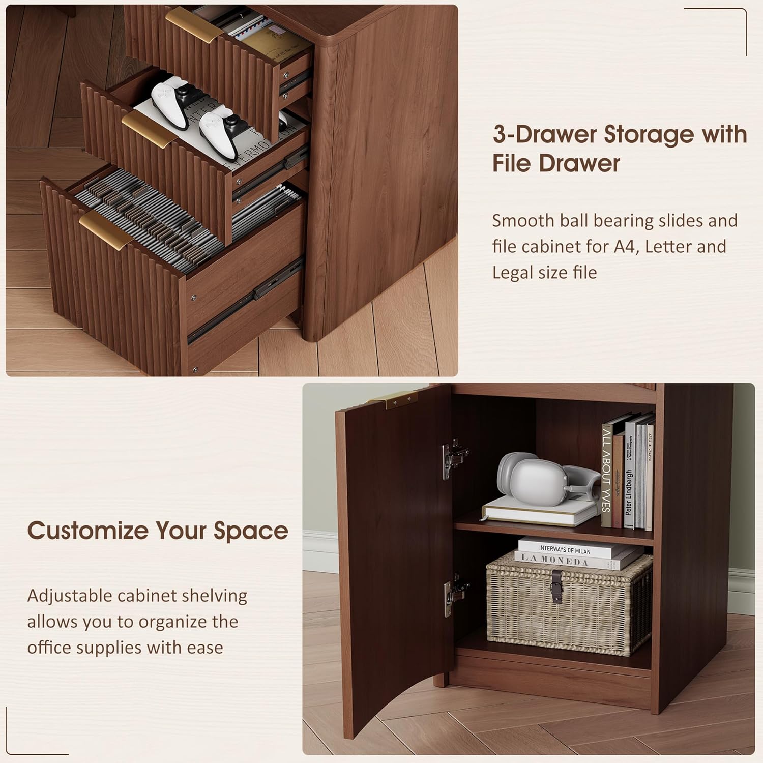 Whalefall 63'' Fluted L Shaped Desk with Drawers, Corner Computer Desk with Storage, Modern Executive Home Office Desk with File Cabinet and Charging Station, Walnut