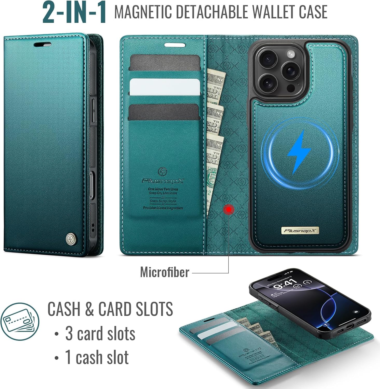 Wallet Case for iPhone 16 Pro Compatible with Magsafe, 2-in-1 PU Leather Flip RFID Blocking Card Holder Stand Shockproof Magnetic Detachable Cover for iPhone 16 Pro Case 6.3", Bluegreen - Image 9