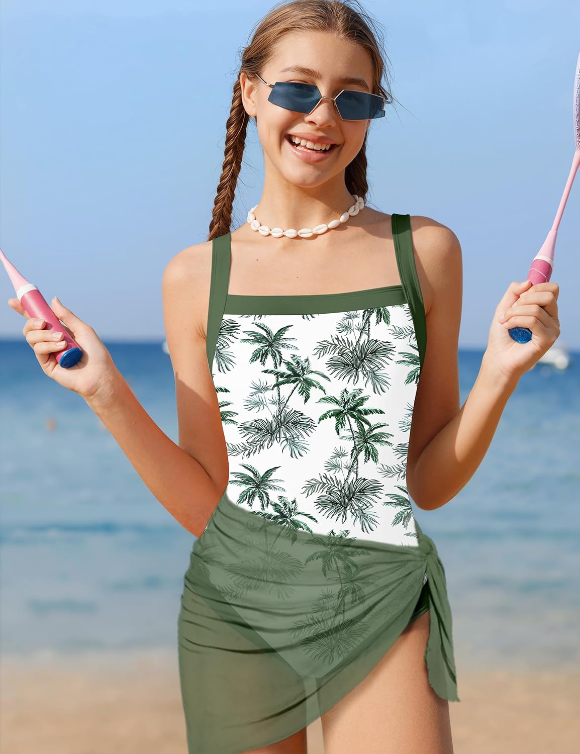 Shallmu Girls Swimsuits Color Block Adjustable Thick Strap One Piece Bathing Suits with Cover Up Skirt Girl's Swimwear 9-16Y - Image 2