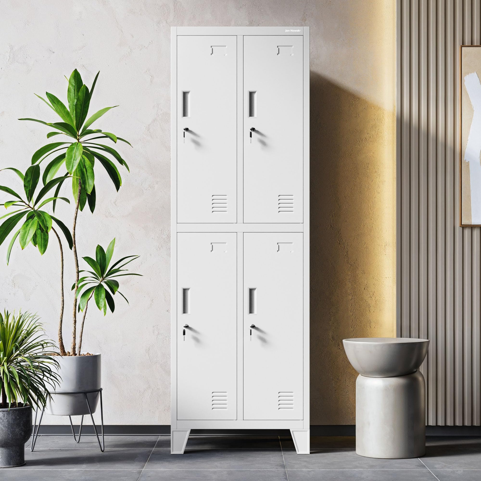 Jan Nowak Spind Metall Schliessfachschrank 4 Fächer Metallschrank abschliessbar 56 x 172 x 45 cm Sozialschrank mit Belueftung Kleiderstange Personalspind
