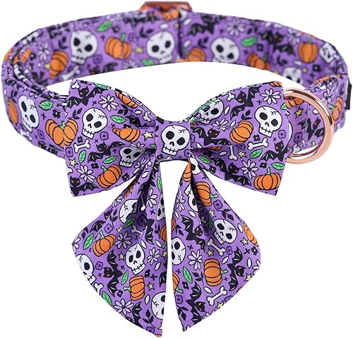ARING PET Collar de perro de Halloween de algodón con calavera para perro, ajustable, diseño de murciélagos de calabaza morada, lindo collar de