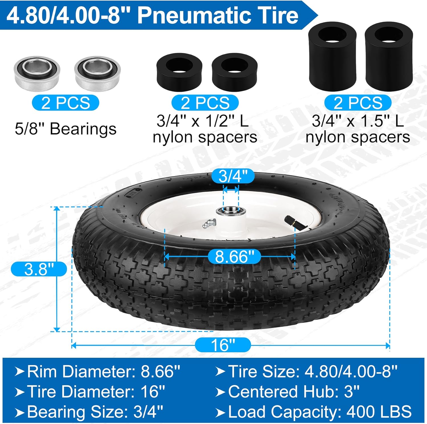 4.80/4.00-8" wheelbarrow tubed tire and wheel, 16" universal fit pneumatic tire with 3/4" or 5/8" bearing, 3"-7" hub, adapter kit hand truck wheel replacement for garden trailer, wagons, 1 pcs