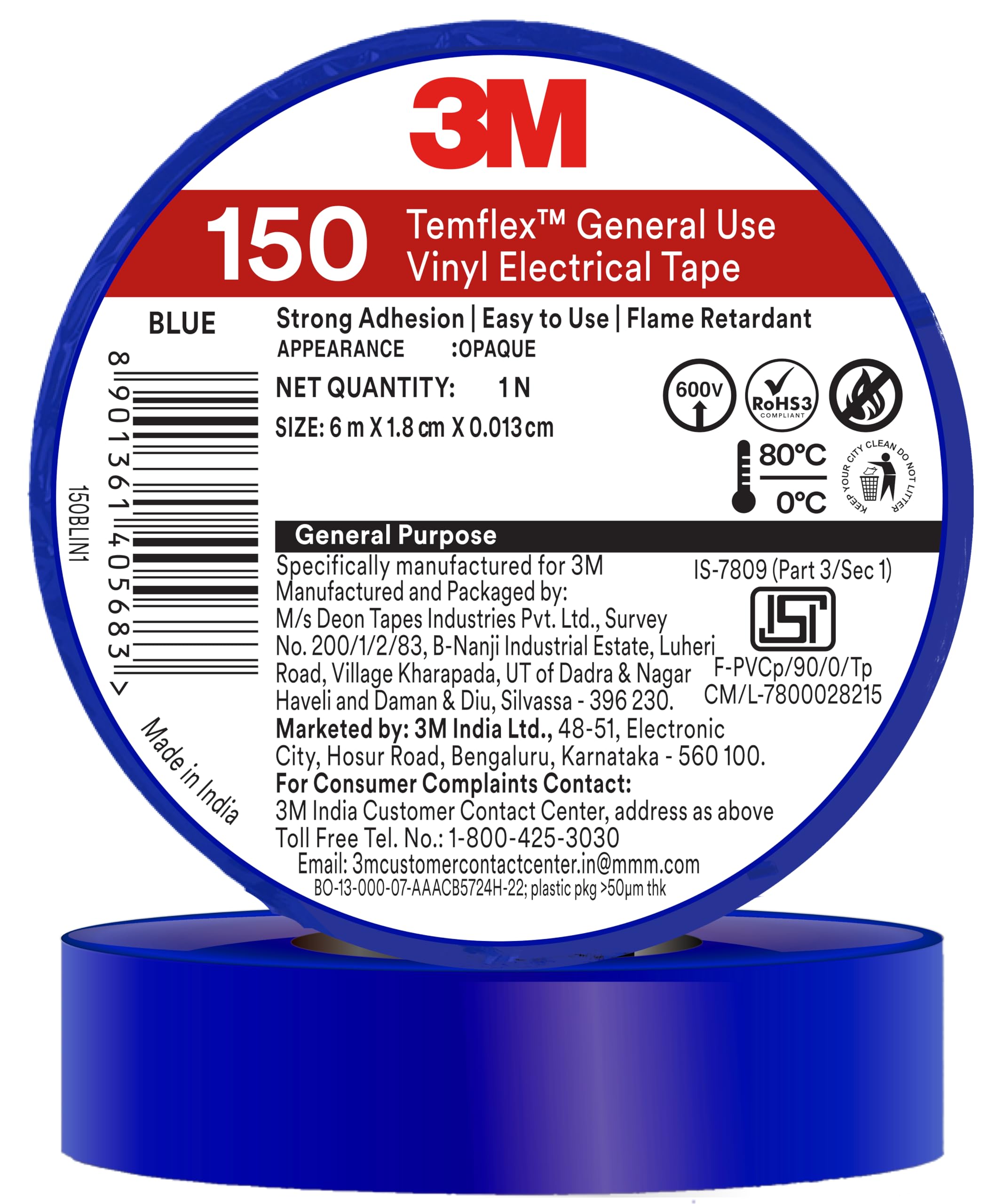3M Temflex 150 Vinyl Electrical Tape, For Residential and Commercial, Use in General wire harness taping, bundling wires, cables and wire pulling and fishing (18mm X 6M, 10 Rolls/Pack, Blue)