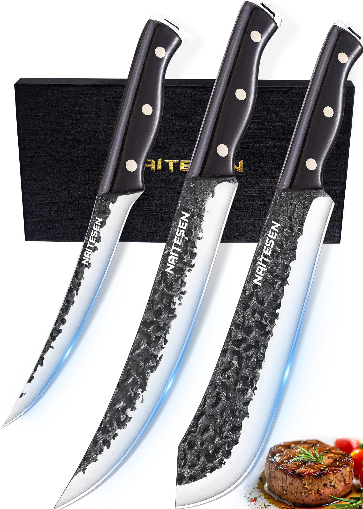 Professional Butcher Knife Set 3, Bullnose Brisket Carving knife Breaking Knife Boning Knife Hand Forged Very Sharp for Meat Cutting Home Kitchen Cooking BBQ