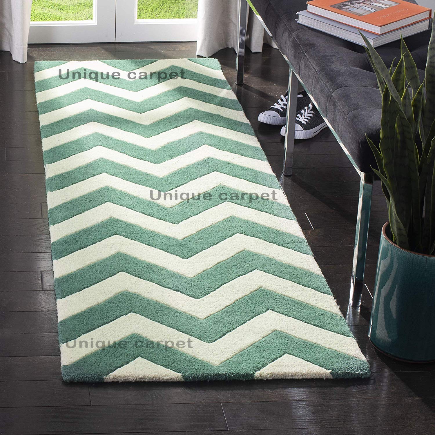 Unique CarpetGeometric Modern Carpet Hand Tufted Carpets for Living Room (Wool Blend Woolen Carpets (Green & White, 3 x 5 feet)