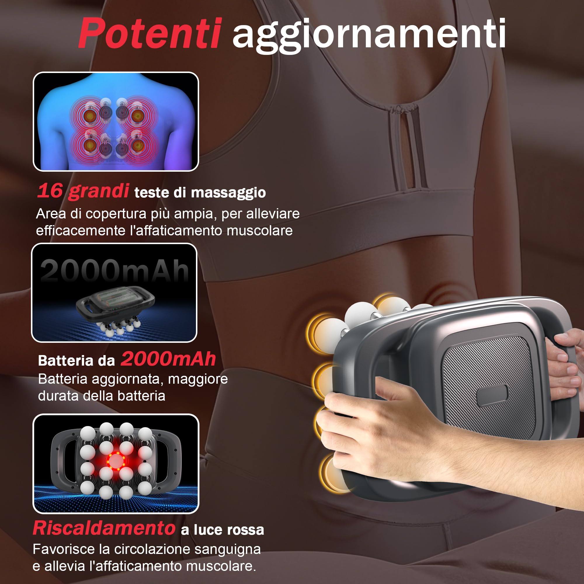 Pistola Massaggio Muscolare a 16 Testine, con 3 Modalità e 30 Velocità Regolabili, Massaggiatore con Luce Rossa per Alleviare la Tensione Muscolare e L'affaticamento per Schiena, Gambe