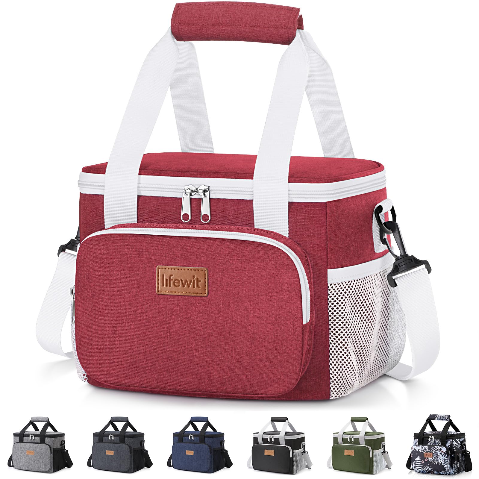 Lifewit Medium Lunch Bag, Insulated Lunch Box, Soft Cooler Cooling Tote for Adult Men Women, White and Red12-Can (9L)