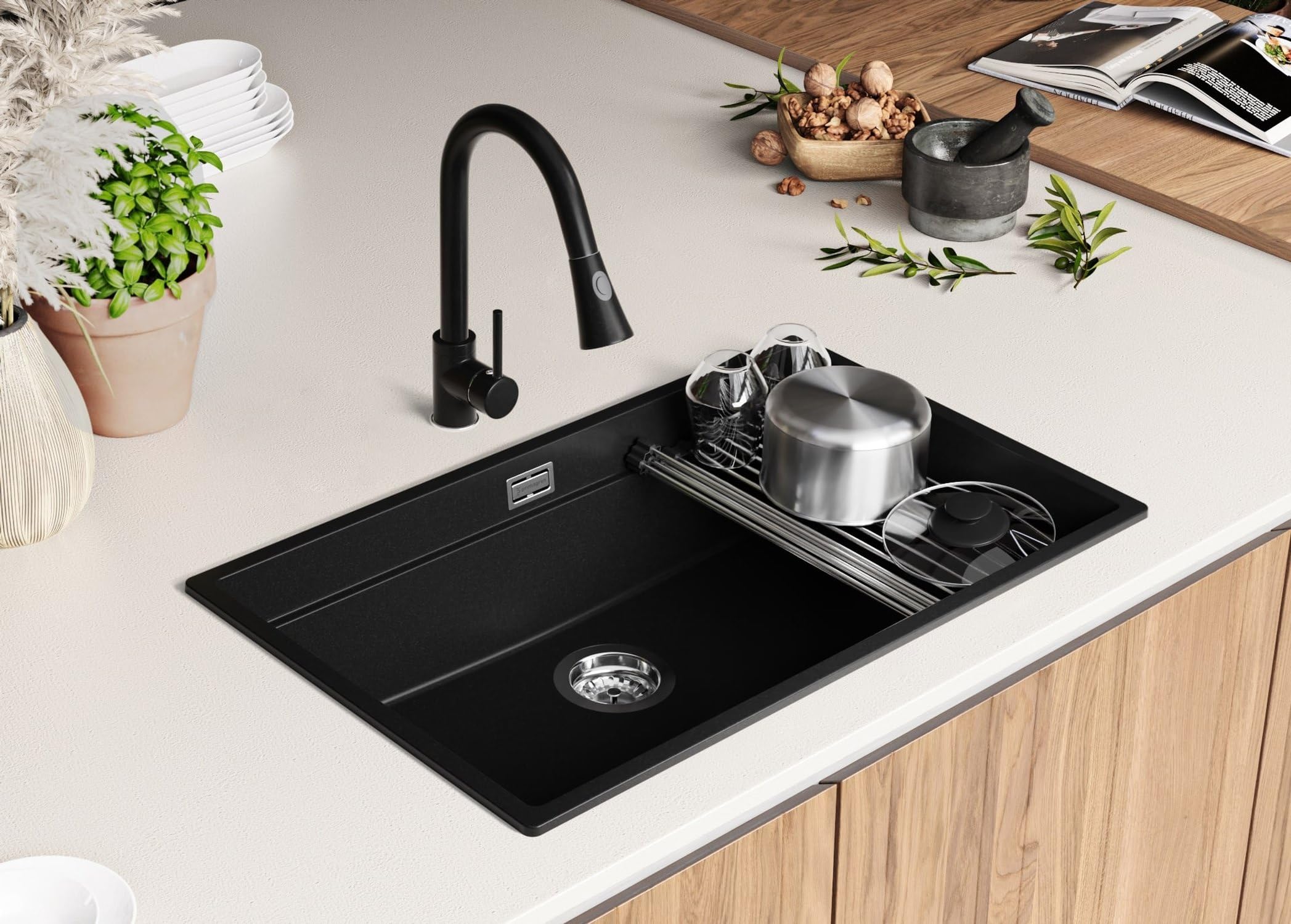 PRIMAGRAN Lavello da Cucina Tutto Nero 76x47cm, Lavandino in Granito a 1 vasca + Set di accessori, Lavabo da Cucina Incasso al Mobile 80cm - Prague Level Slim S547