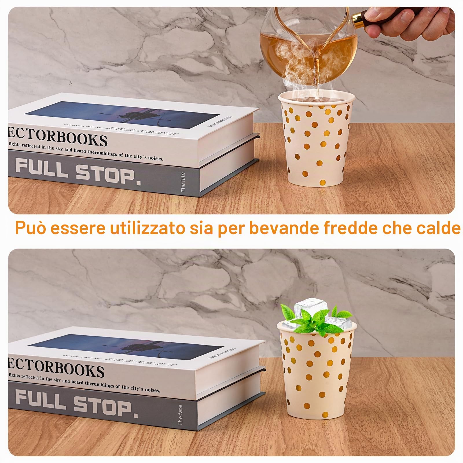 CEILIWEN Confezione da 100 bicchieri di carta da festa in oro nero, 9 oz/250 ml, per bevande calde e fredde (bianco-oro)