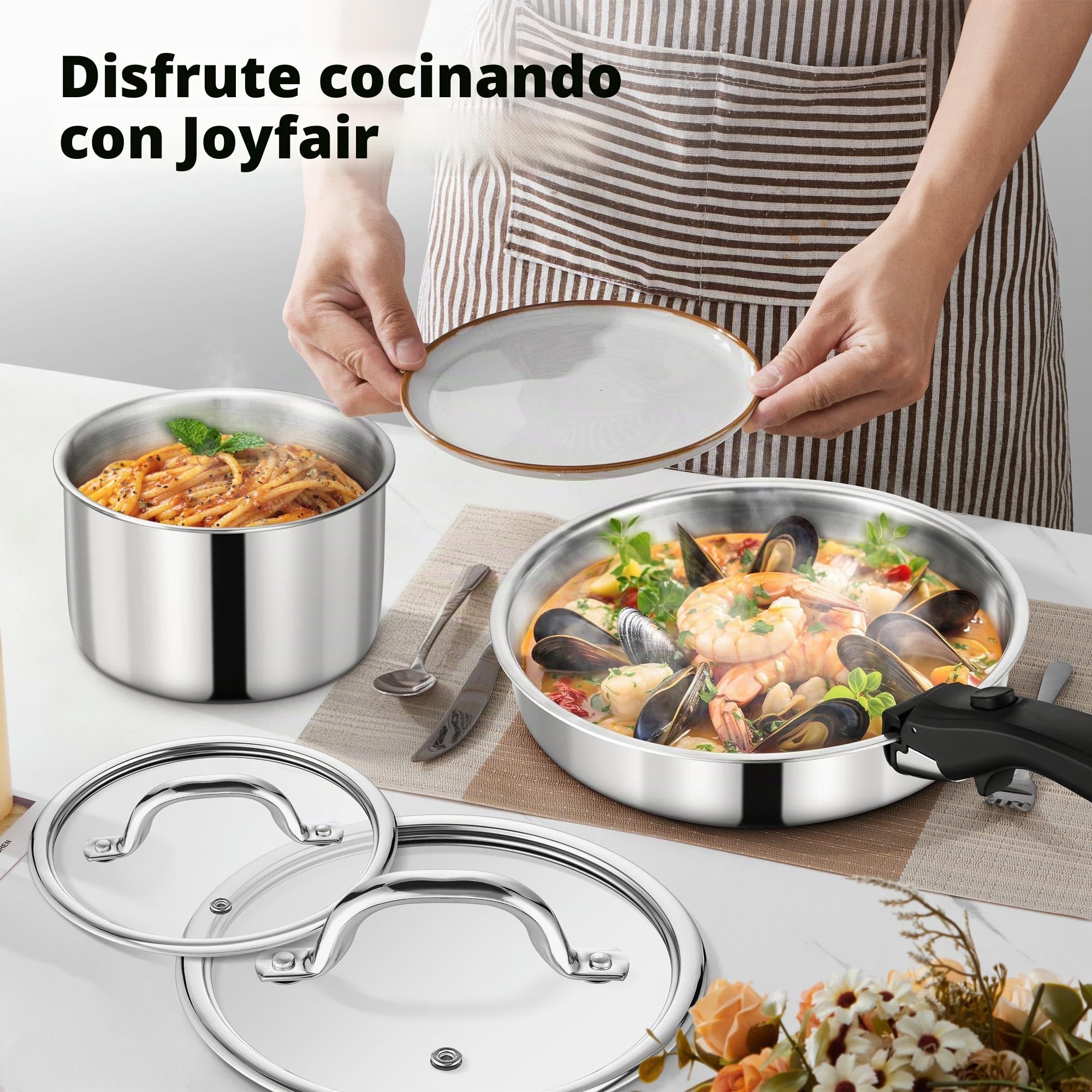 Joyfair Set de ollas, 9 piezas de ollas de acero inoxidable con mango desmontable, juego de sartenes apto para inducción con sartén, olla, olla de cocción lenta y tapa, para todo tipo de cocinas, apto