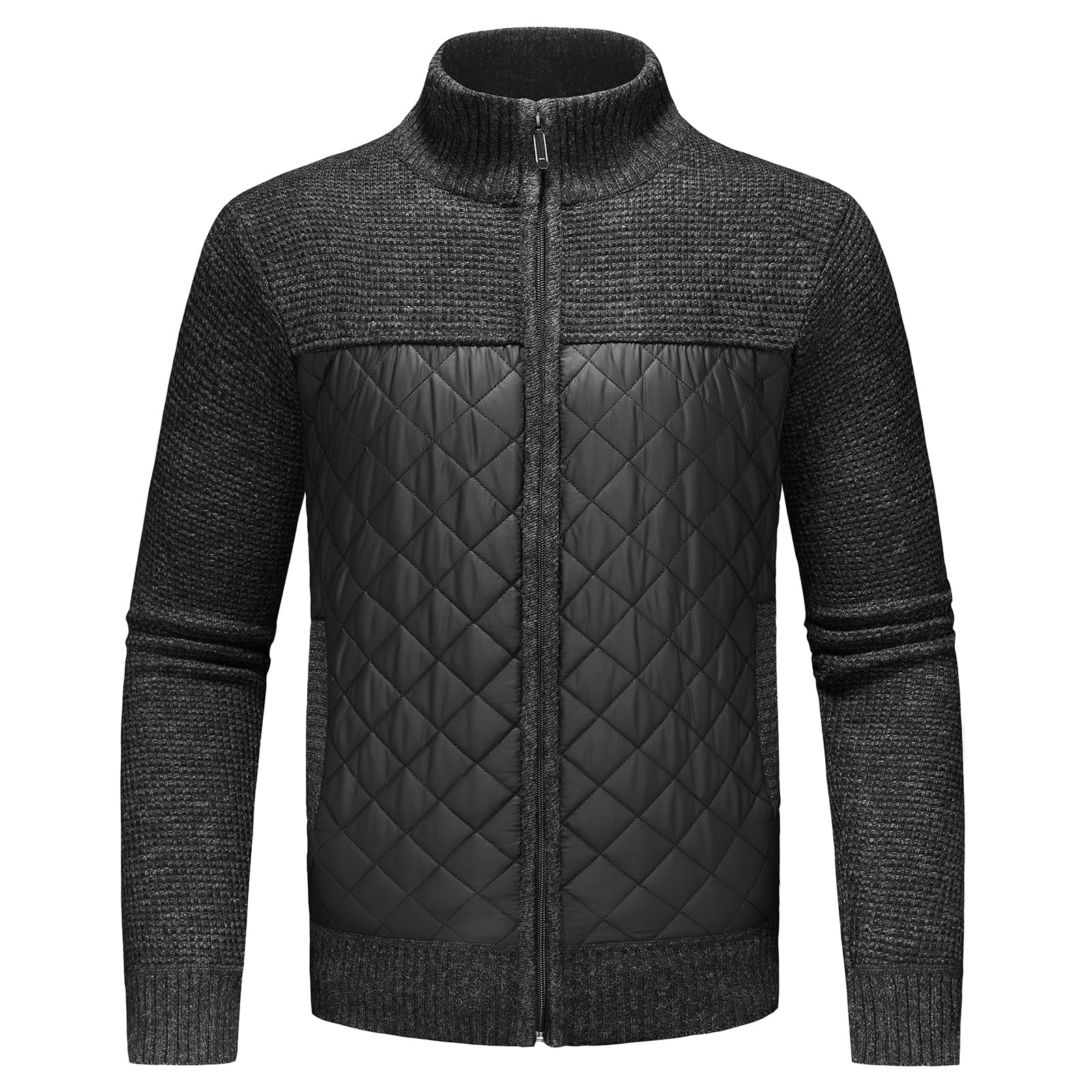 KUDORO Cardigan Gilet Homme Cardigan en Tricot Ouvrez-Front Zippé avec Col Montant Tricoté Chaude Veste d'hiver Doublé en Polaire