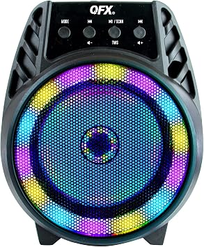 QFX BT-64 TWS Bluetooth Rechargeable Portable Speaker with 4 Woofer LED Party Lights, Microphone Input, AUX Input, USB Port, TF Card Slot, Black