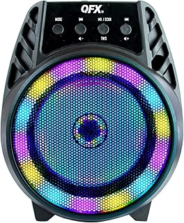 QFX BT-64 TWS Bluetooth Rechargeable Portable Speaker with 4â€ Woofer LED Party Lights, Microphone Input, AUX Input, USB Port, TF Card Slot, Black