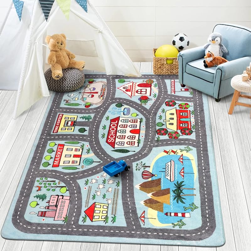 Soft Kids Rug 4'x6' Carpet Play Mat for Baby Boys Girls, City Life Road Traffic Playroom Rug for Playing Cars Toys, Educational Nursery Rugs for Children Bedroom Kids Room