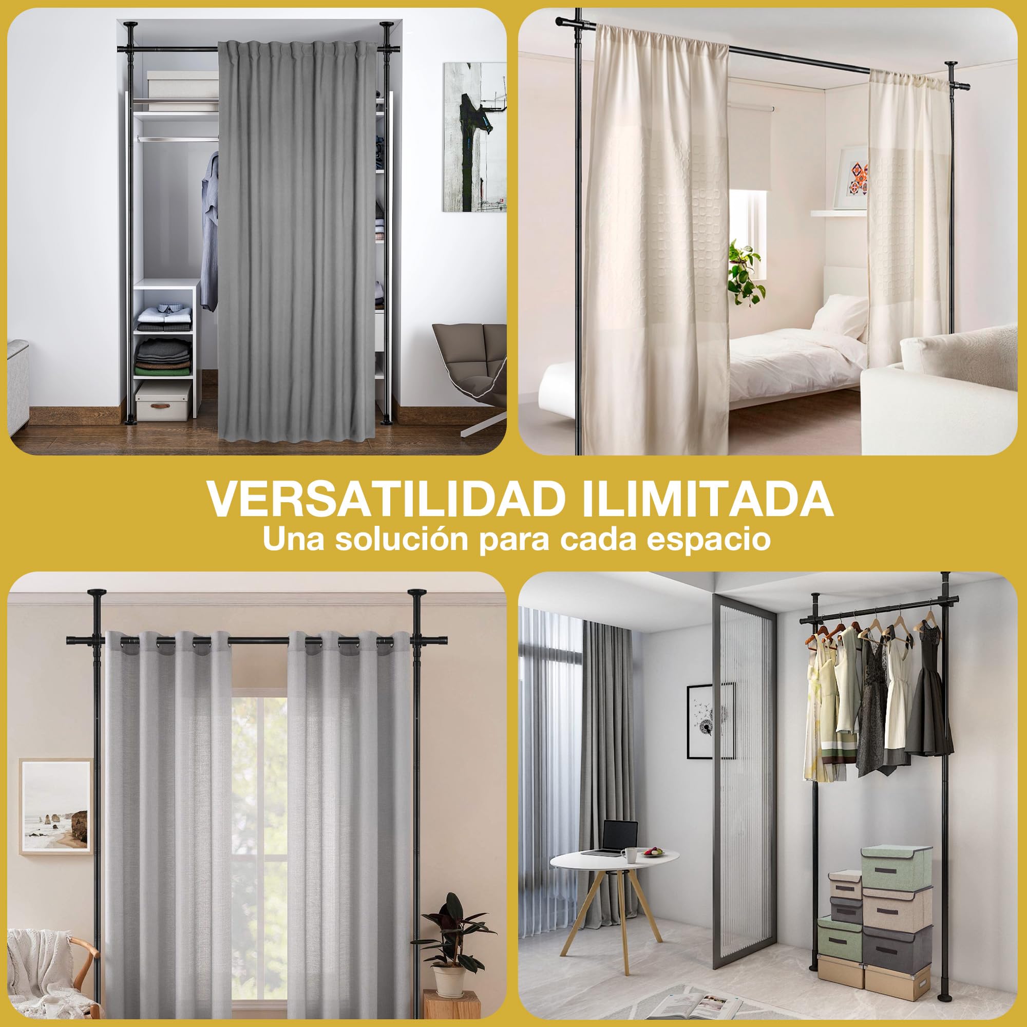 Separador de Ambientes sin Taladrar – Barra Divisoria Autoportante 120–300 cm x 70–240 cm – Soporte de Cortina Reutilizable Fácil de Instalar