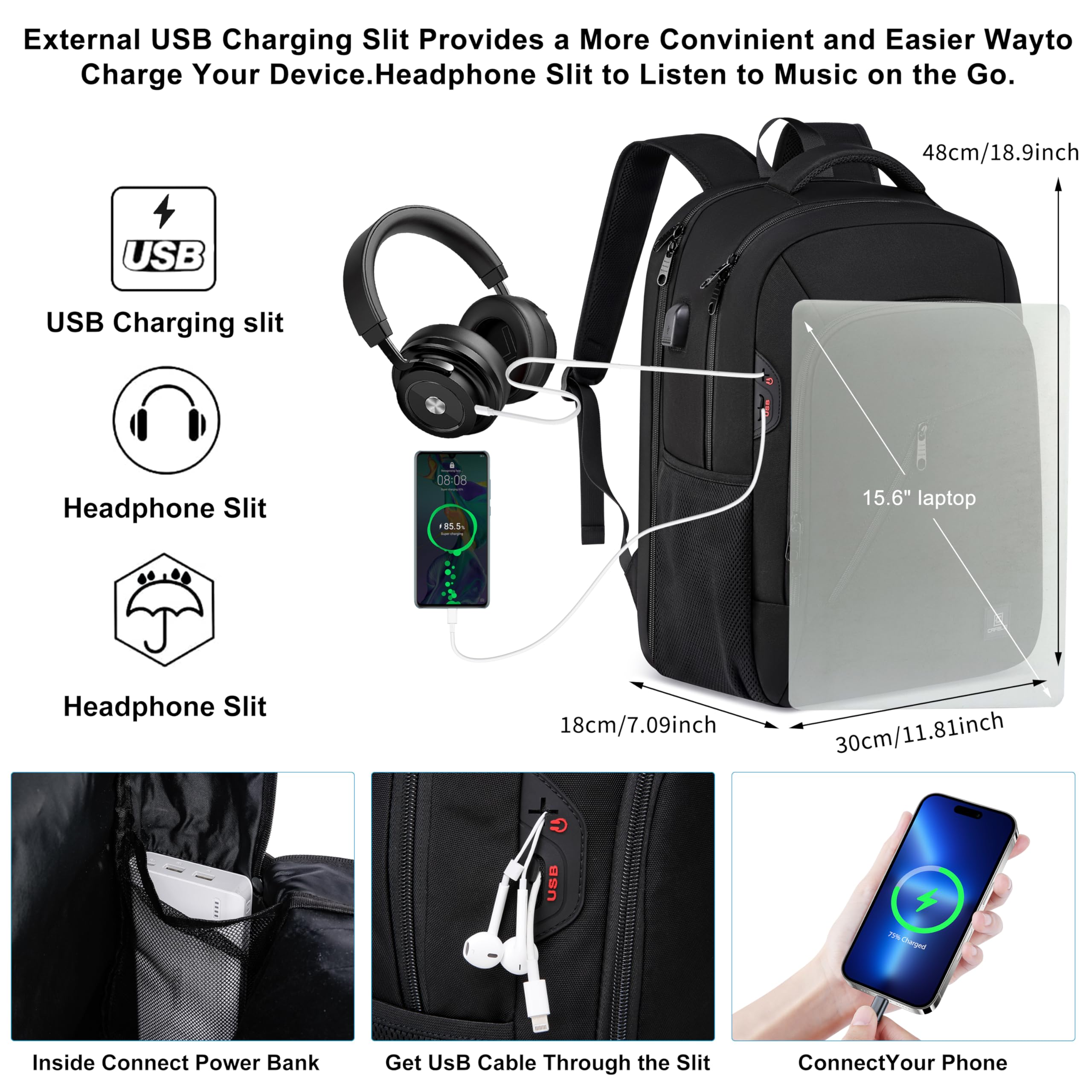Cafele Mochila Unisex para Adultos y Adolescentes - Mochila Escolar con Puerto USB de Carga para Portátil 17,3 Pulgadas - Ideal para Trabajo, Universidad, Viajes - Negro