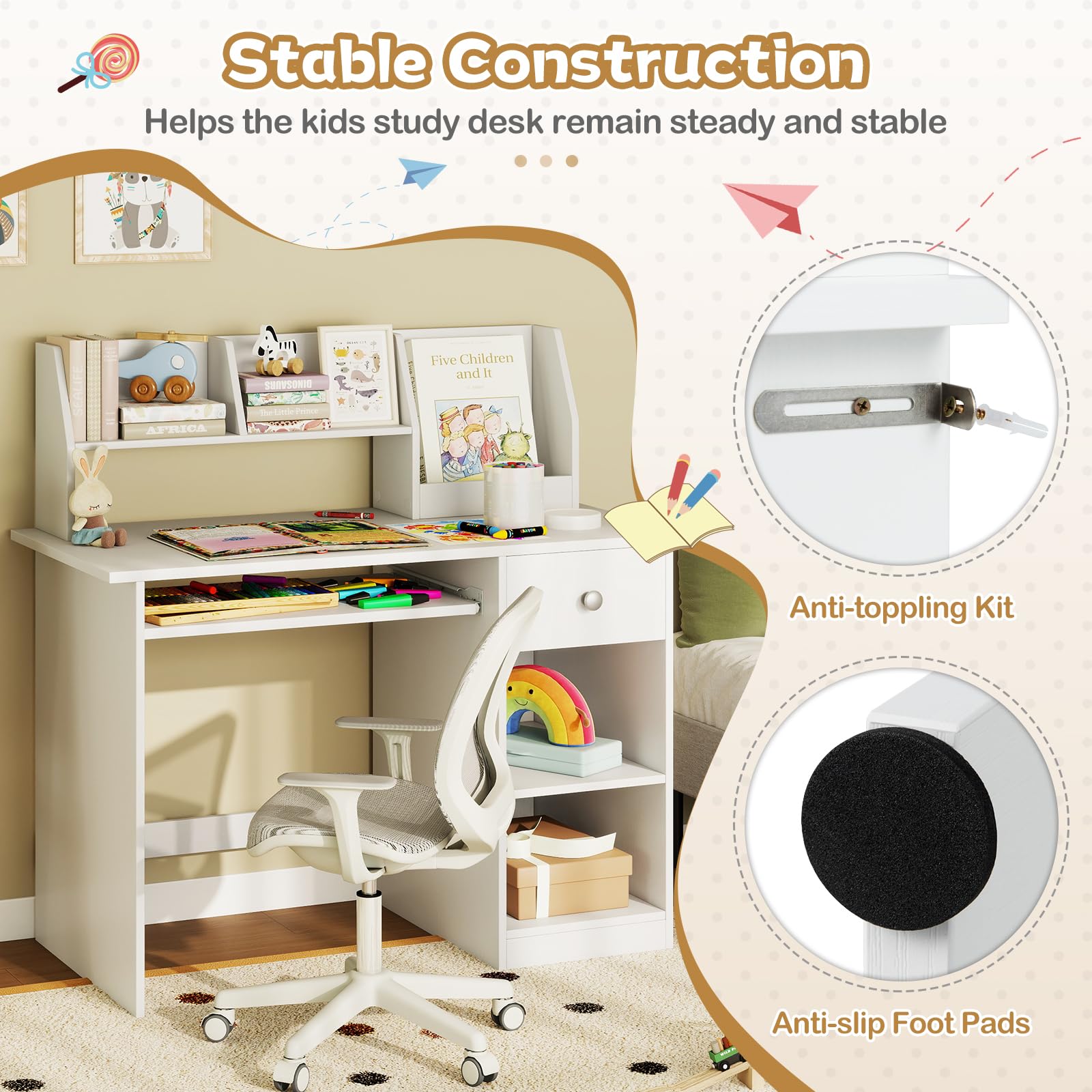 LIFEZEAL Scrivania per Bambini 3+Anni con Cassetto, Libreria, Scomparti, 90x45cm, Scrivania Cameretta Porta PC, Computer, Banco Scuola, Tavolo da Studio, Gioco, Multiattività, in Legno (bianco)