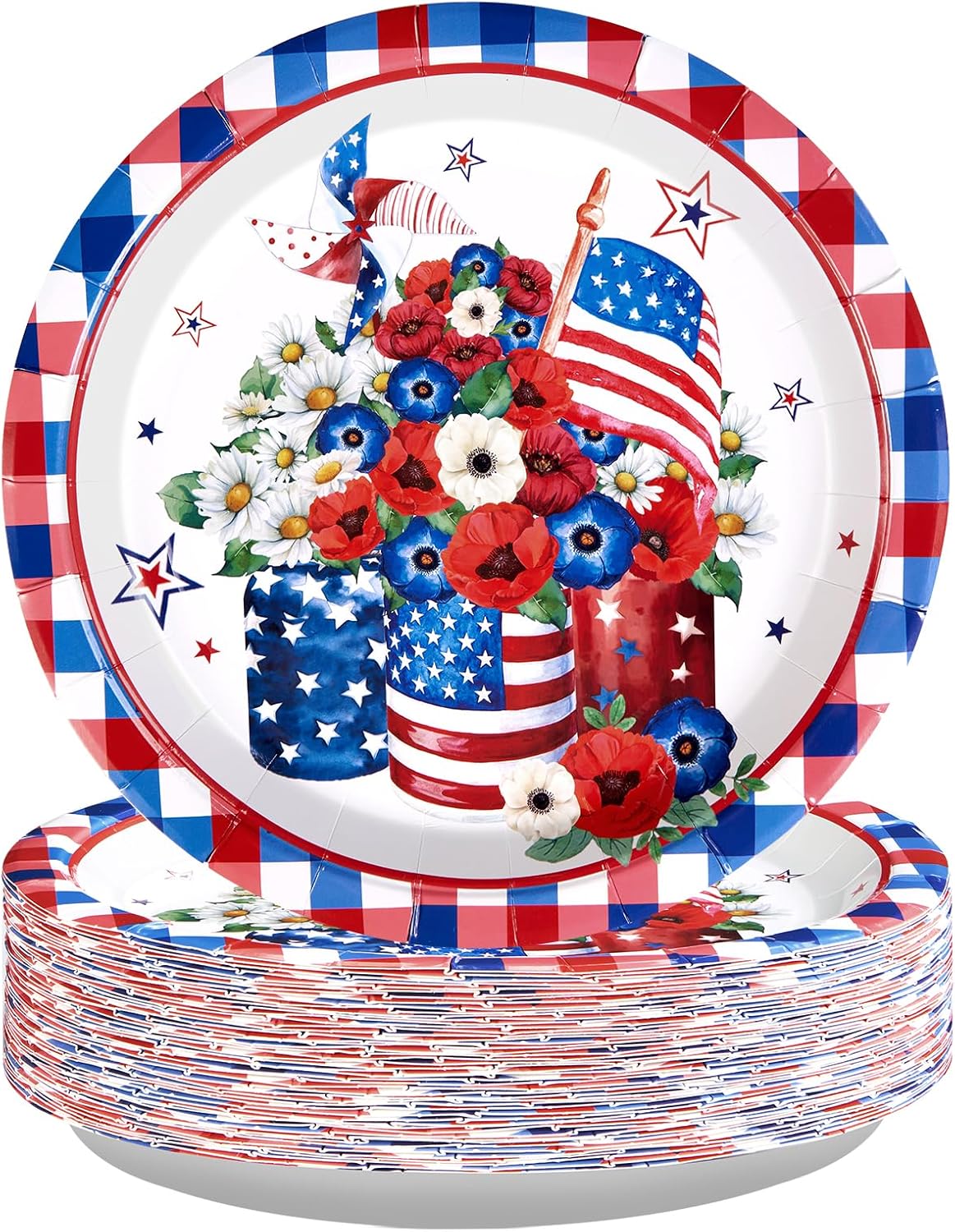 Grencian 50Pcs 4th of July Flower Memorial Day Plates 10" Buffalo Plaid Vases Flowers Patriotic Plates Disposable American Flag Tableware for 4th of July Independence Day Veterans Day Party Decor
