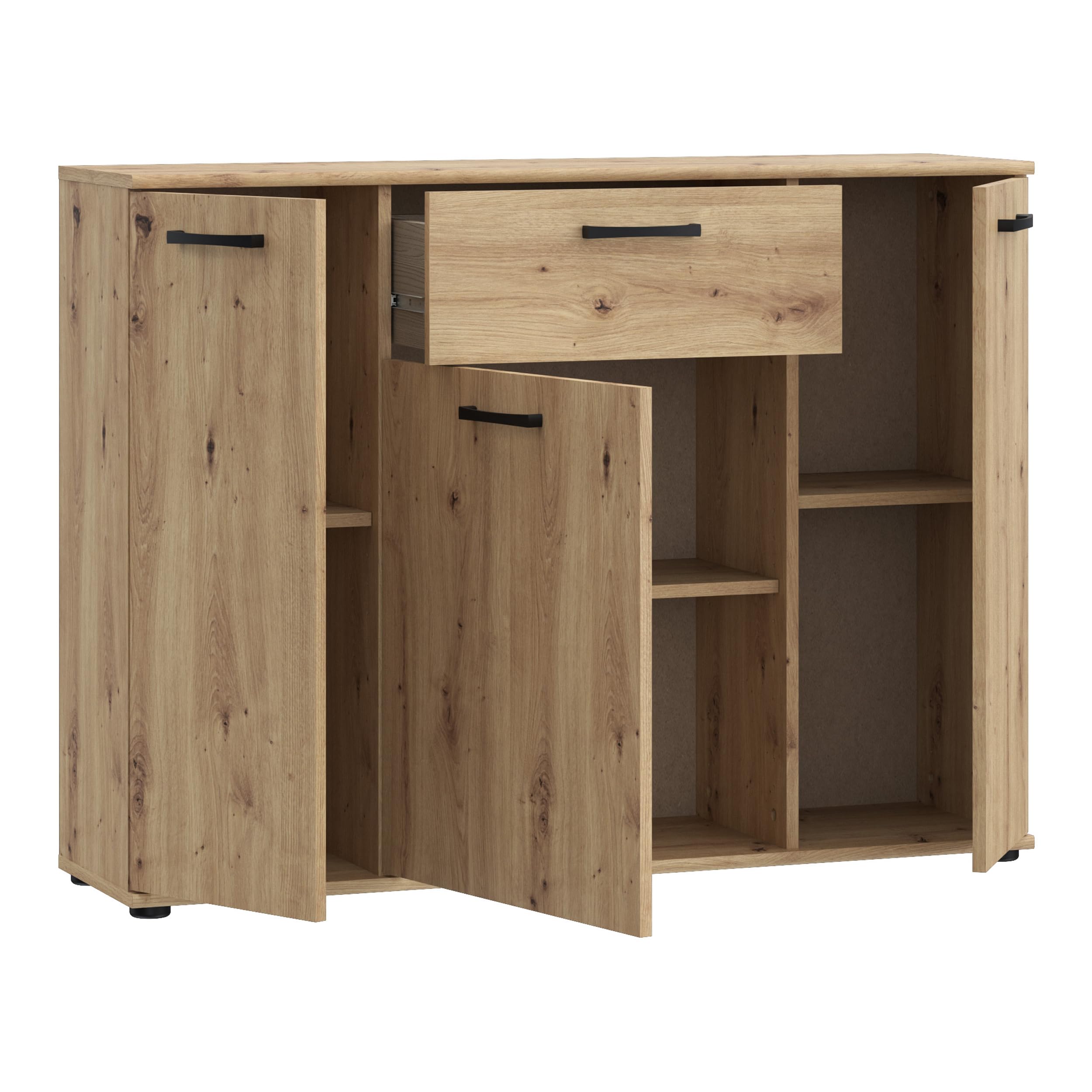 Forte NIKO Sideboard 110, Skandi-Kommode, 3-türig, 1 Schublade, Holzwerkstoff, Wohn-/Schlafzimmer, Artisan Eiche Holzdekor, 109,6 cm breit x 81,7 cm hoch x 29,1 cm tief