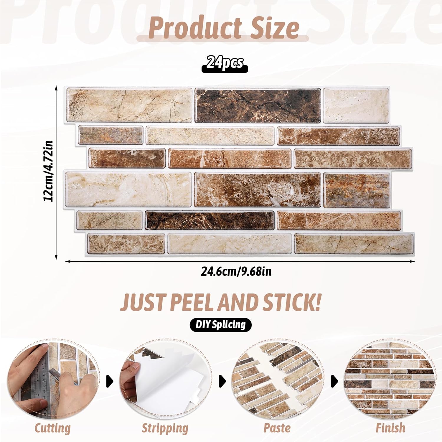 Dimeho 24 Sheet Peel and Stick Tile Backsplash Stick on Backsplash for Kitchen 10"x 5" Back Splashes Self Adhesive Tile Sticker for Bathroom Brown Marble Look