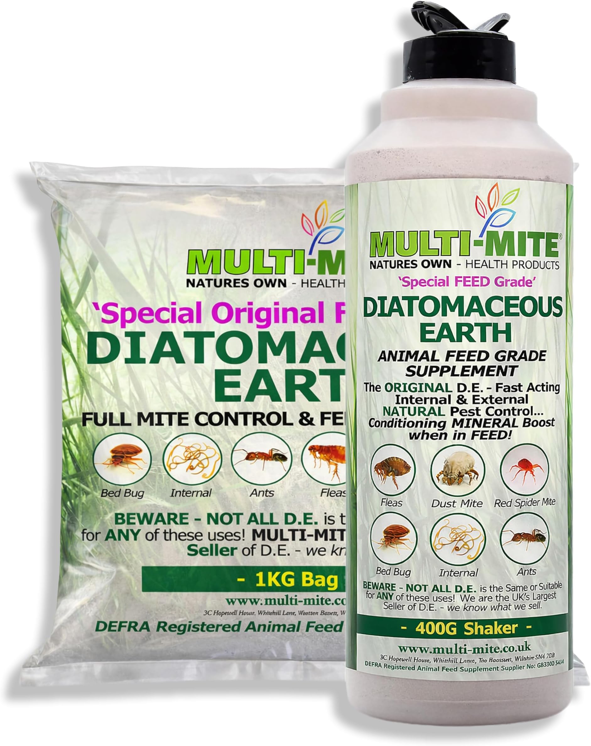 Multi-Mite® 400G SHAKER PLUS 1KG REFILL Feed Grade DE Diatomaceous Earth - Red Mite Fleas and All Animal Lice Control Powder