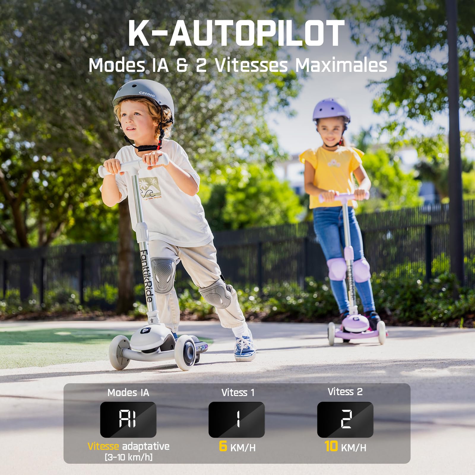 FanttikRide K9 Pro Trottinette Electrique pour Enfants, 3/6/10 km/h, Mode Vitesse IA, Charge Rapide Type-C, 5 Modes D'éclairage, Guidon Réglable, pour Enfants Jusqu'à 60 kg