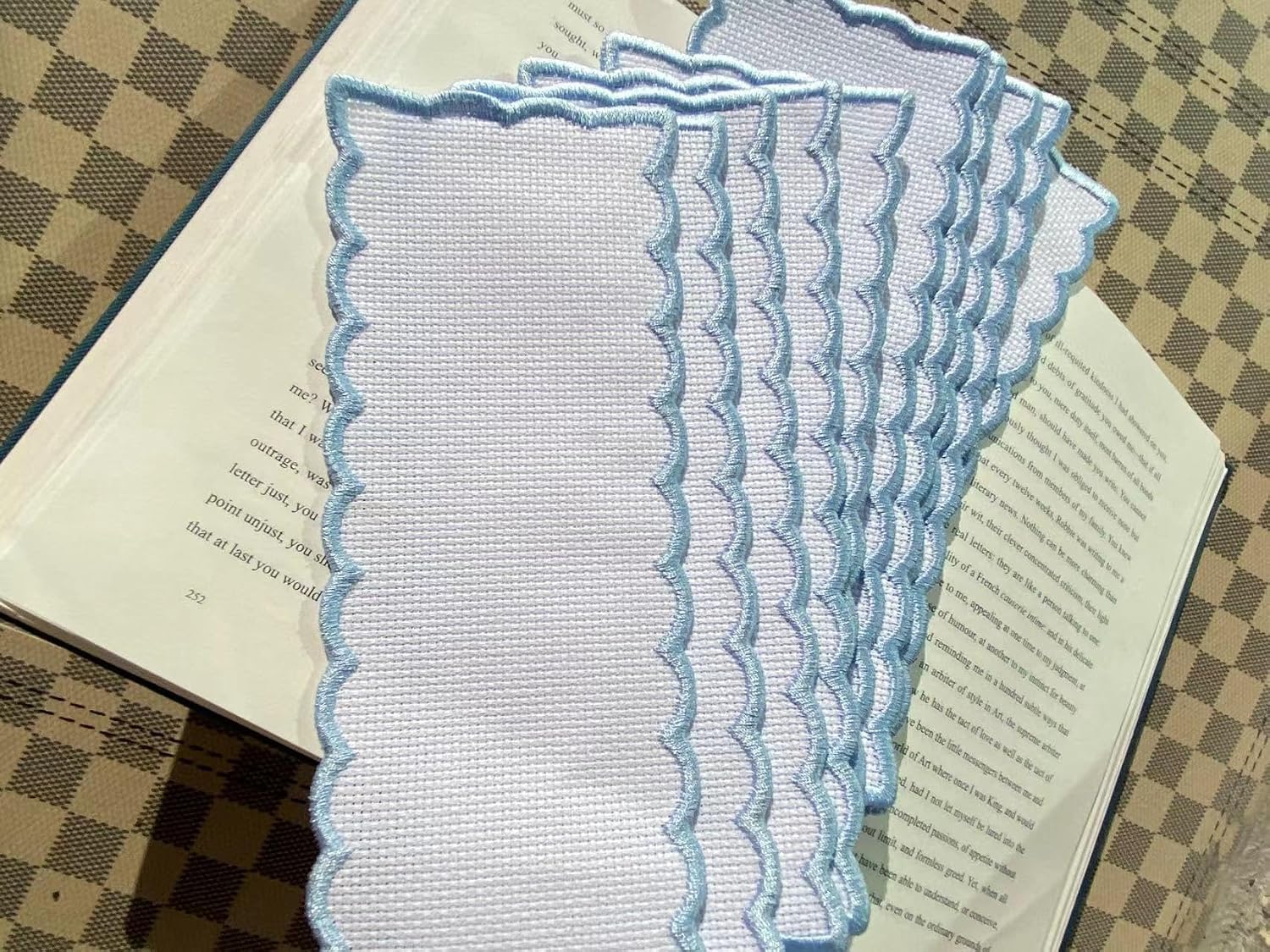 10pcs of Blue Scalloped Edged 18count aida Fabric Bookmarks to do Cross Stitch,Cotton aida Fabric,Stitch Area 30x100 aida,Outside size9x20cm, Blank Cross Stitch Bookmarks