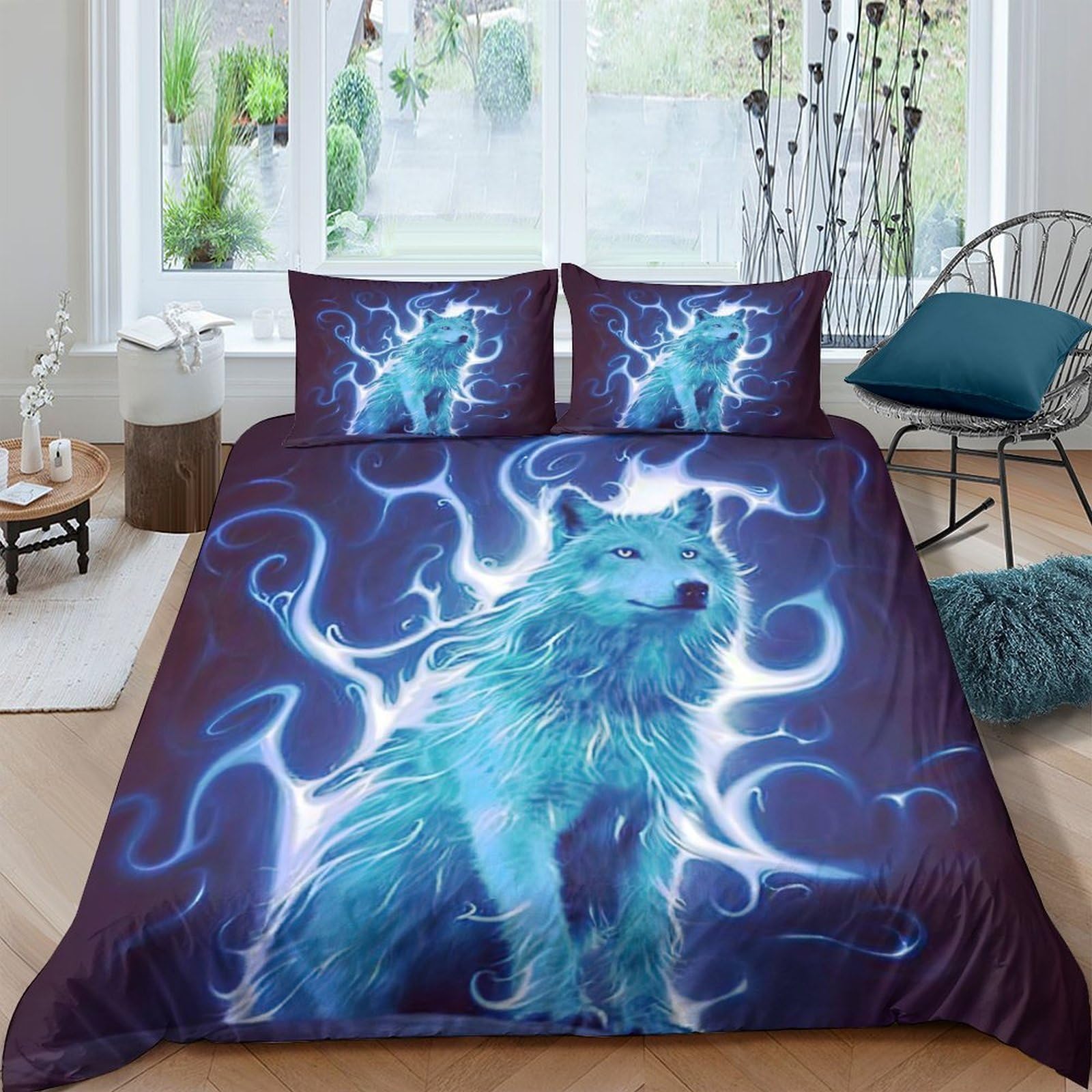 Ctjqhvkz Style-8 3D Printed Blue Wolf Fitted Sheet Microfiber Soft Breathable Lightning Bed Cover For Bedroom Dorm Mattress Protection Decor Single（135X200cm）