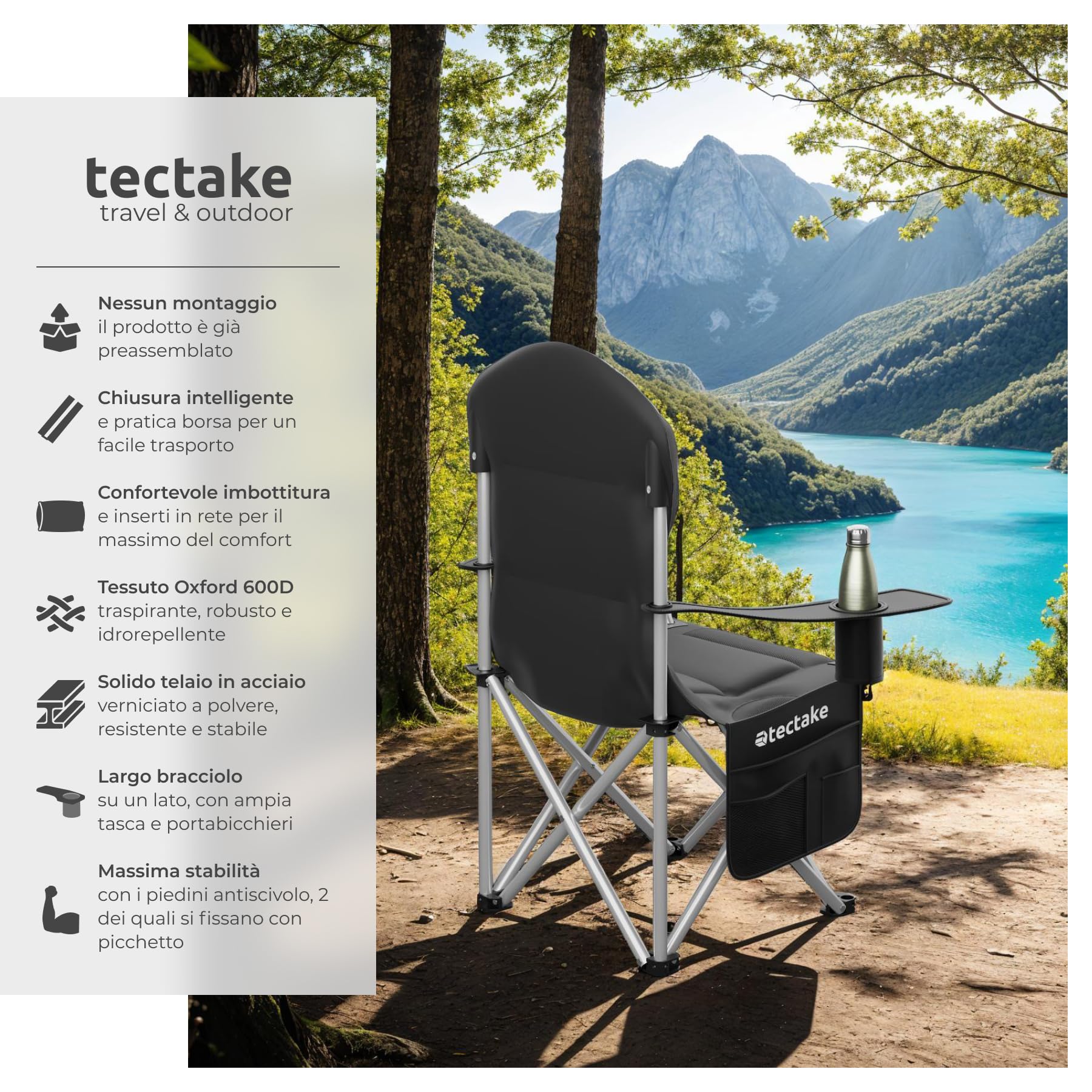 tectake® Sedia da Campeggio Imbottita, Pieghevole, Portabicchieri, Tessuto Oxford 600D Idrorepellente, Struttura in Acciaio, Piedini Antiscivolo e Antigraffio, Tasca Laterale, Borsa per il Trasporto