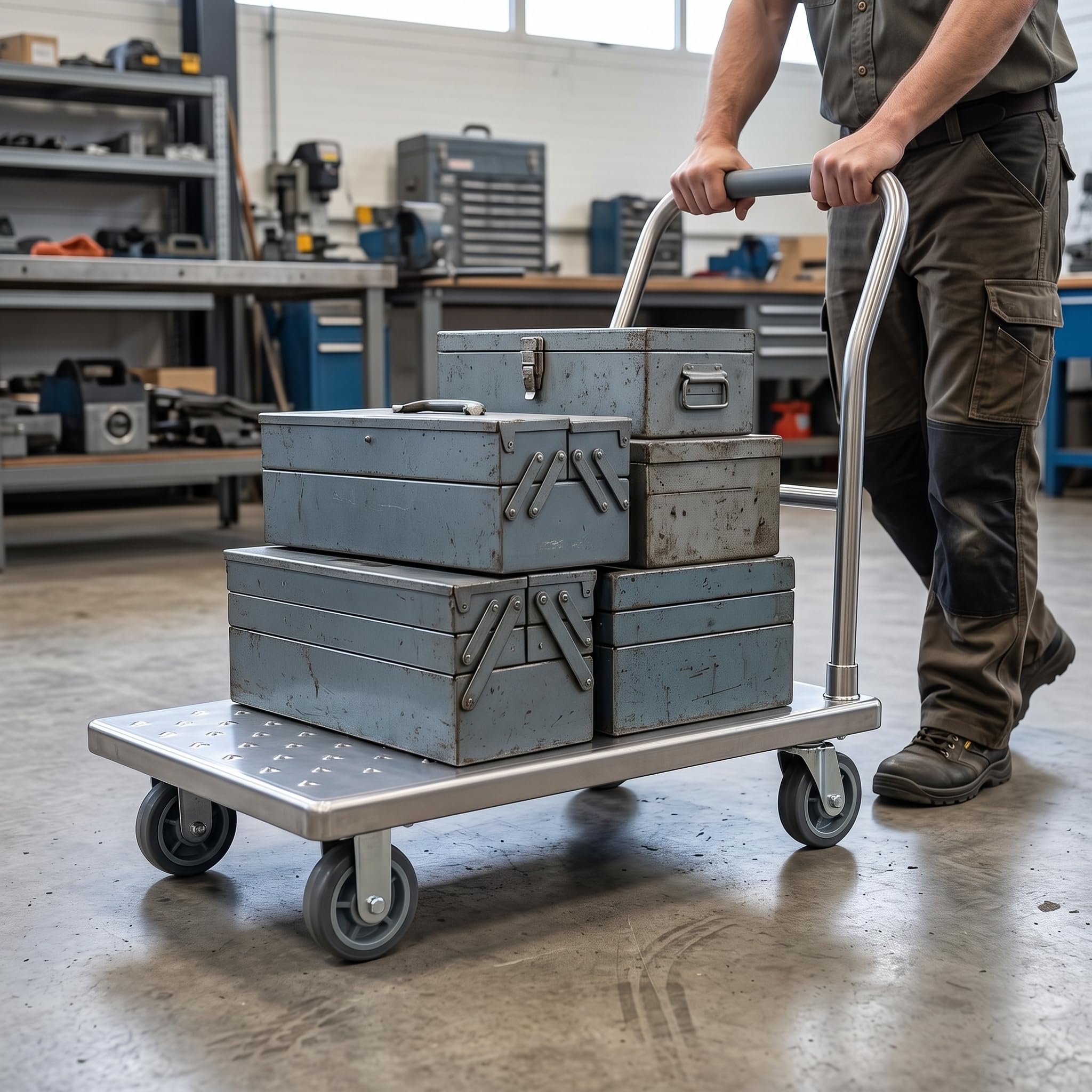 Edelstahl Plattformwagen klappbar, Schwlast Handwagen mit Feststellbremse, gäuscharm Rollwagen für Wkstatt und Lag, Edelstahl mit geradem Griff, 6 Zoll Bremsräder, 80 cm x 50 cm