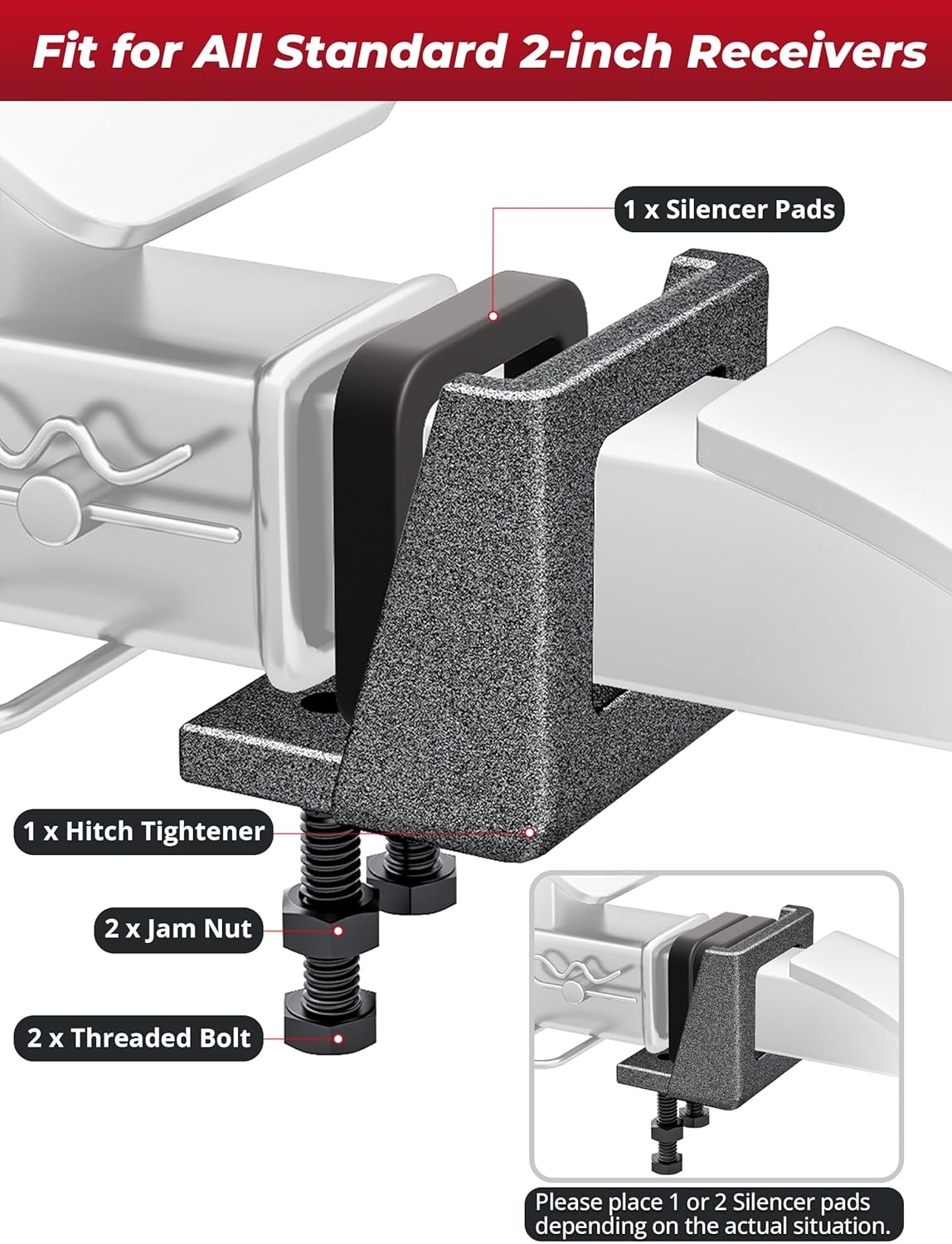 Anti-Rattle Hitch Clamp, 2" Hitch Stabilizer with 2 Silencer Pads, Heavy-Duty Anti Rust Tightener Corrosion Resistance, Reduce Trailer Towing Noise, Patent Pending
