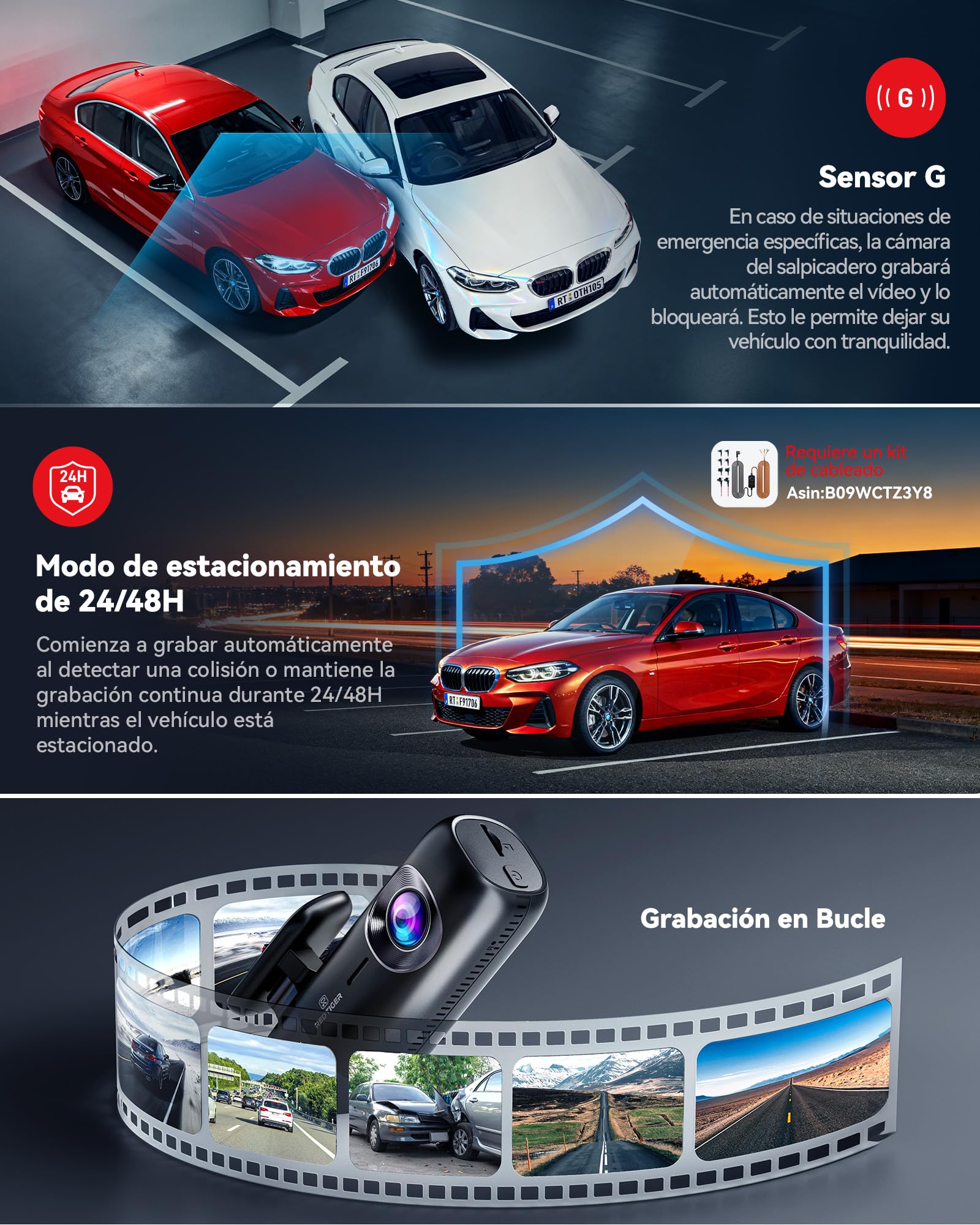 REDTIGER DashcamCoche Delantera y Trasera: 4K +1080P,WiFi 5.8GHz,GPS,Visión Nocturna,Monitor de Aparcamiento,Grabación en Bucle,Control por App,Admite hasta 256 GB(F9)