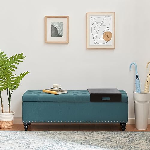 Miniatura 15 de HUIMO Banco otomano de almacenamiento de 51 pulgadas con bandeja extraíble, tela de mezcla de lino y algodón, botones acolchados, bisagra de Bandeja