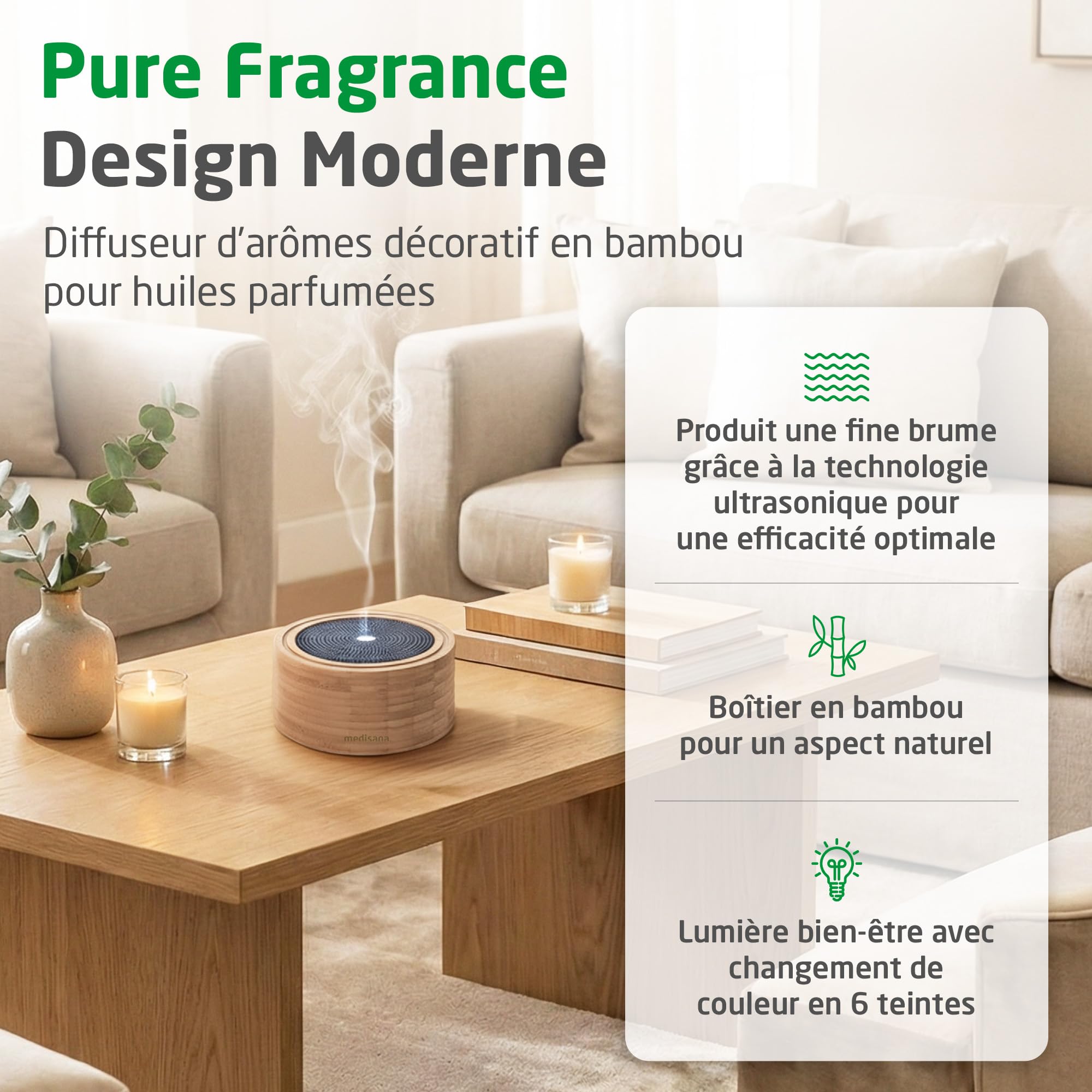 medisana AD 625 diffuseur d'huiles essentielles, désodorisant maison | avec lumière bien-être, pour huile essentielle, humidificateur d'air à technologie ultrasons pour parfum ambiant agréable