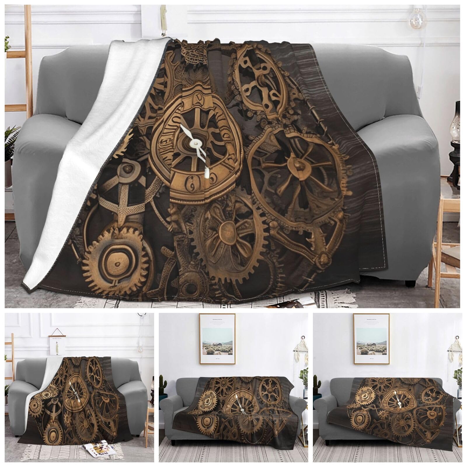 Toxocmdkle Black Throw Blanket Super Soft Plush Flannel Blanket Steampunk Gears Clock Throw Lightweight Blankets For Living Room Warm Cozy Decorative Throws For Sofa Couch All Seasons 60"X50"