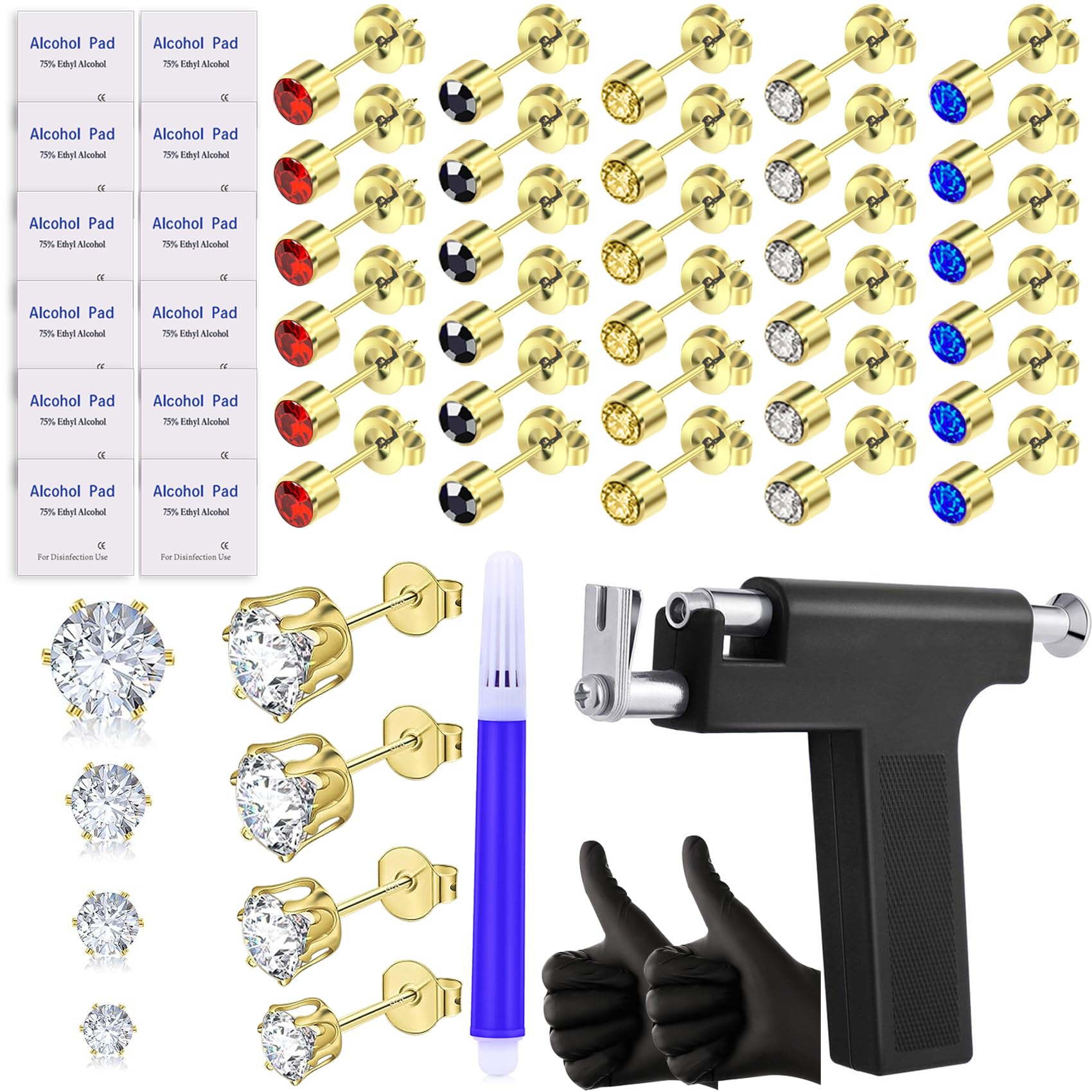 Professional 19 Pairs of Self Ear Piercing Gun Kit with Black Peircings Gun Tools Colorful Diamond Earrings Stud For Ear Nose Lip Piercing Multi Purpose Ear Piercing Kit for Salon and Home Piercing