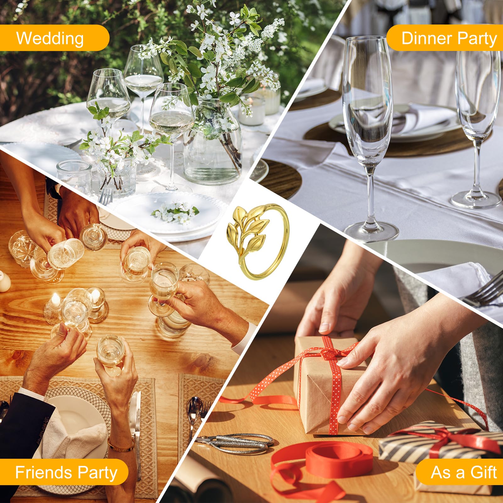 sourcing map Lot de 50 ronds de serviette en forme de feuille pour décoration de fête de mariage Doré