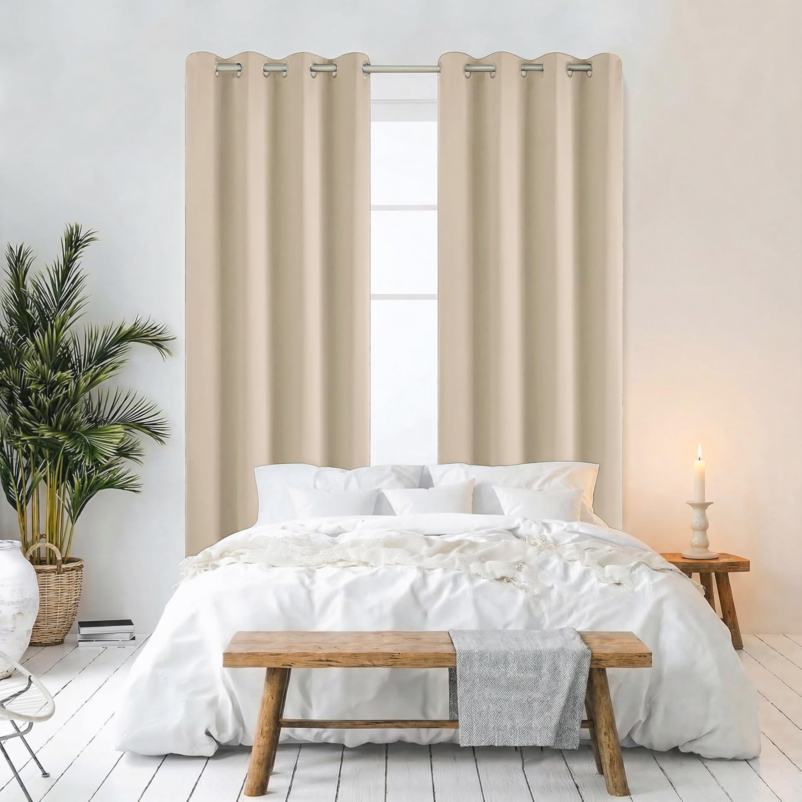 Praktisches Set ohne Bohren: 2x Vorhang + 1x Klemmstange silber 70-120 cm + 2x Raffhalter mit Magnet blickdicht & verdunkelnd, als Raumteiler, Fenster & Tür Beige Thermovorhang 220x135cm
