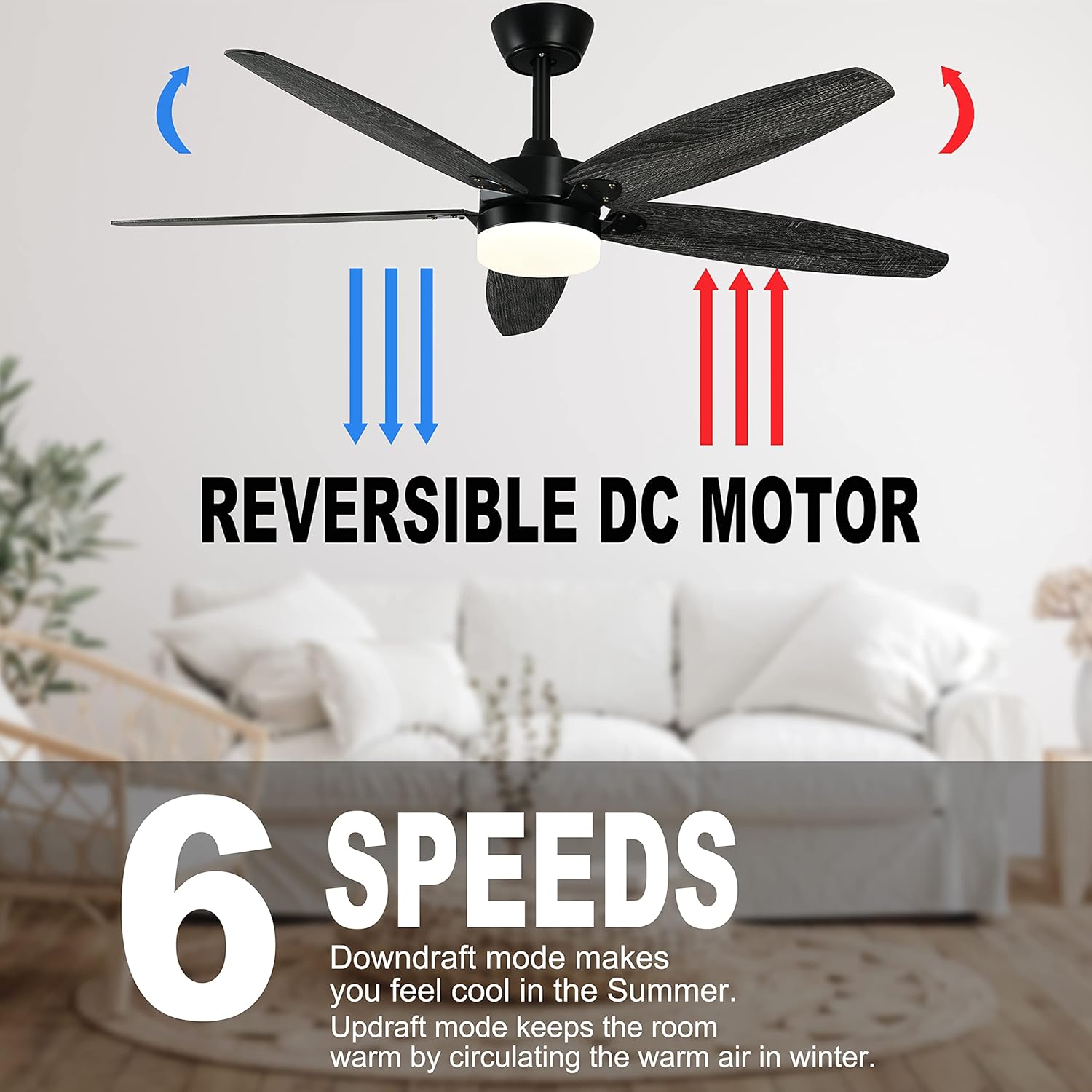 Image illustrating the reversible DC motor feature of the ceiling fan, showing downdraft mode for summer (blue arrows down) and updraft mode for winter (red arrows up), along with 6 speed settings.