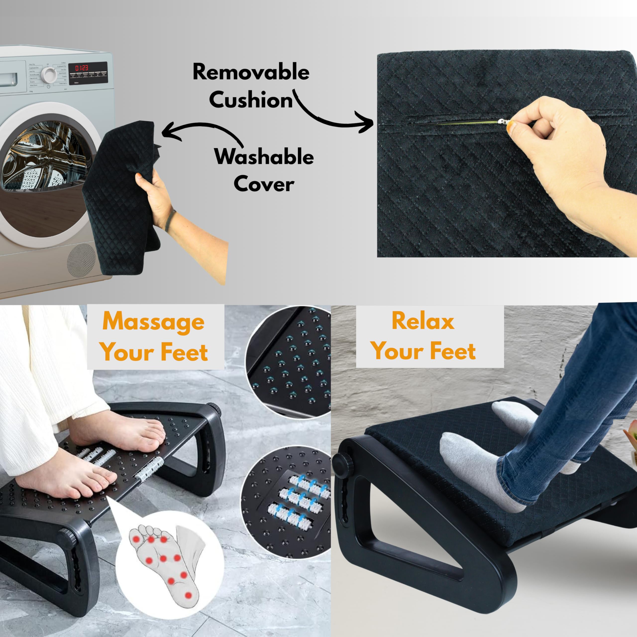 Zeugma foot rest under table-Heights Adjustable footrest for chair sofa Under Desk Table Office home accessories with Foot Massage Roller small stool for Leg Rest support (BLACK TRANGLE NEW) 3