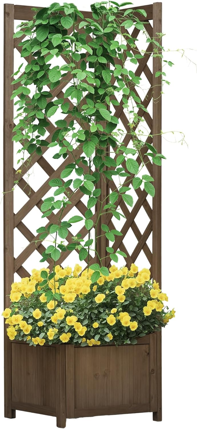 Outsunny Wooden Raised Garden Bed with Trellis, 57" Freestanding Corner Planter Box for Vine Plants Flowers Climbing and Planting Carbonized