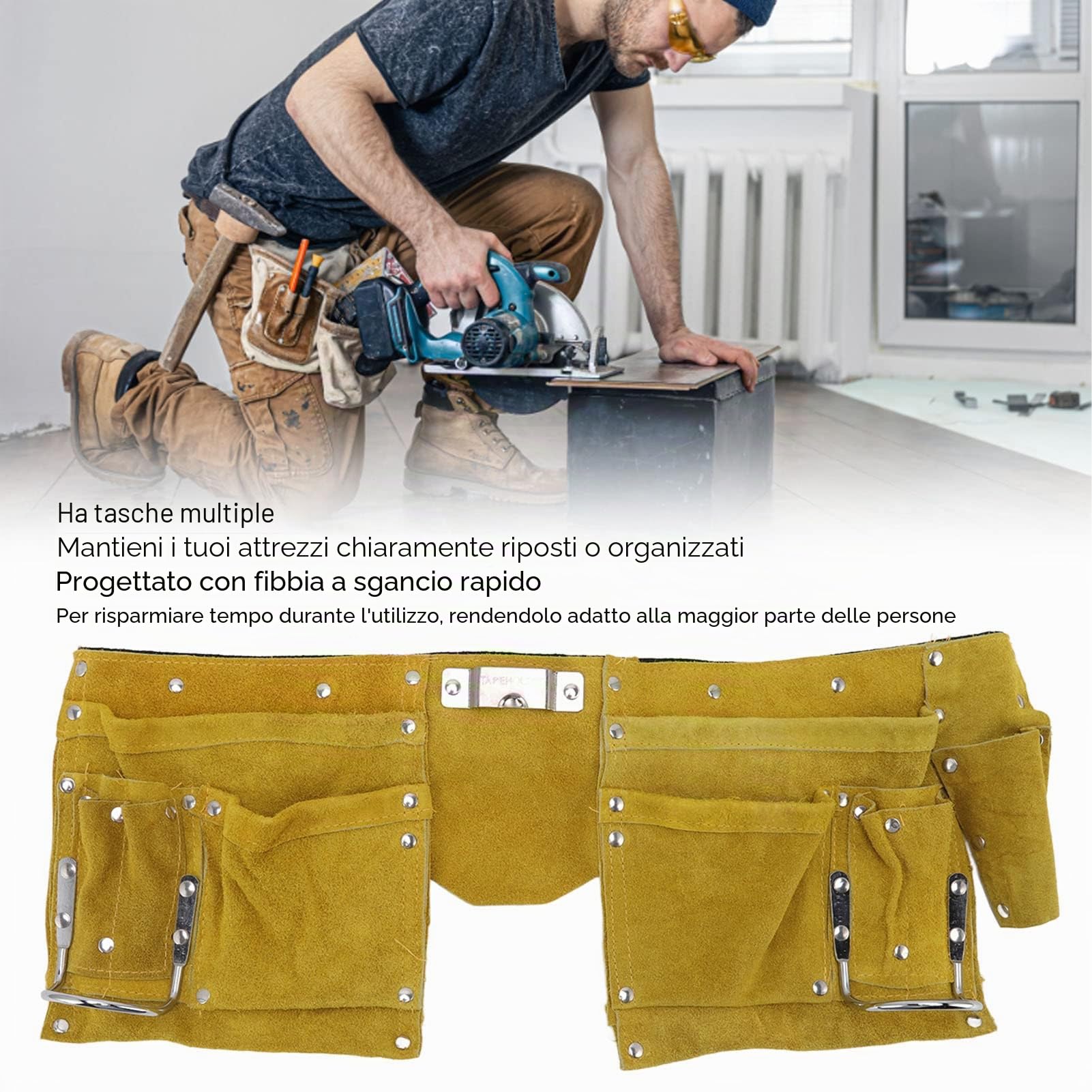 Cintura porta attrezzi in pelle, tasche multiple, fibbia a sgancio