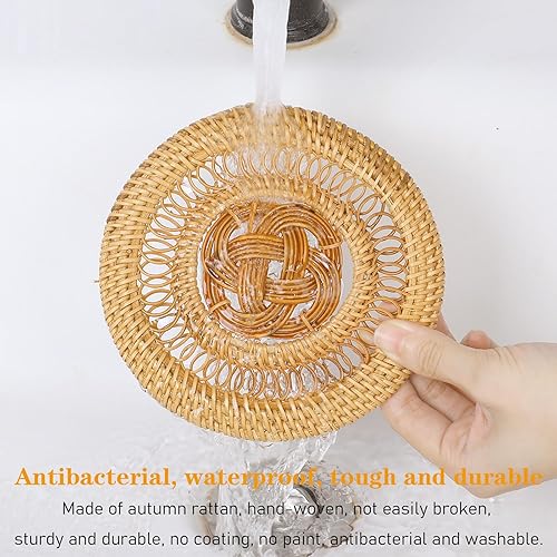 Miniatura 6 de Posavasos de ratán, posavasos tejidos naturales hechos a mano, diseño de nudo chino, posavasos de mimbre, posavasos redondos de ratán caqui de 5.1