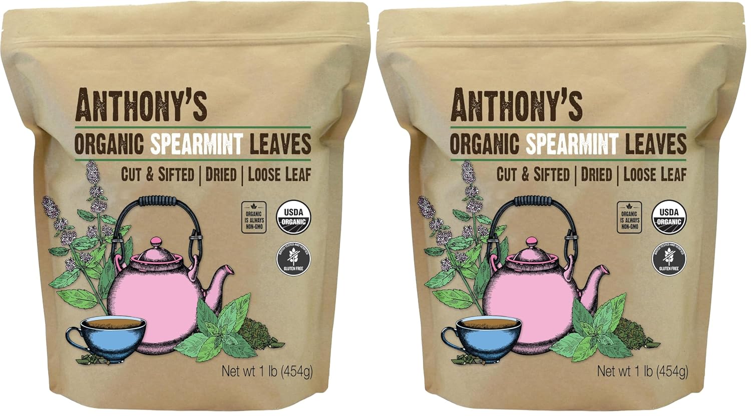 Anthony's Organic Dried Spearmint Leaves, 1 lb, Gluten Free, Non GMO, Cut and Sifted (Pack of 2)